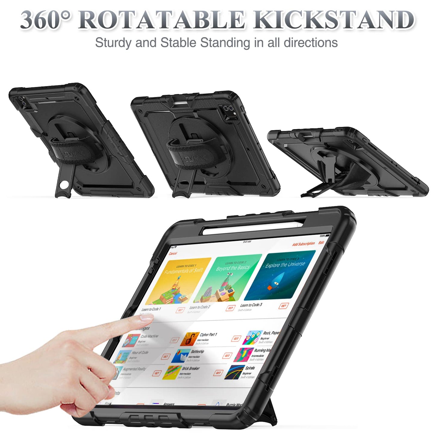 SEYMAC stock Case for iPad Pro 12.9 6th/5th/4th/3rd Gen with Screen Protector, Pencil Holder [360 Rotating Hand Strap] &Stand, Drop-Proof Case, Black