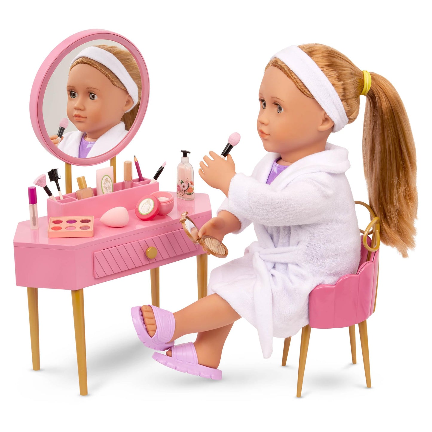 Our Generation – 18-Inch Doll Accessories – Pink Vanity Table & Chair Set – Pretend Make – up & Mirror – Pretend Play 3+ Years – Fabulous Fun Vanity Set