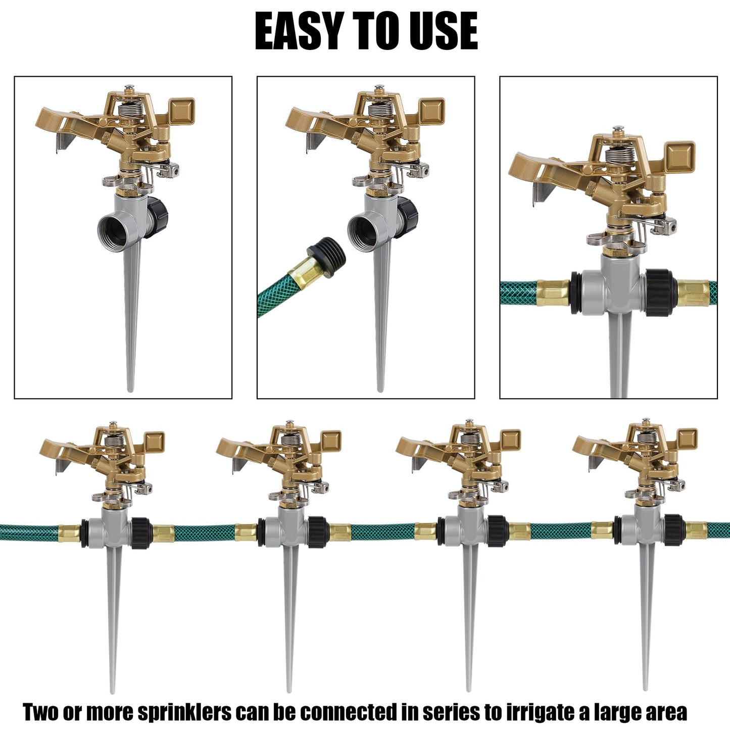Biswing 2 Pack Brass Impact Sprinklers with Stand (Spike), Heavy Duty Lawn Head on Zinc Alloy Spike Base, Adjustable Watering Sprinkler for Large Area Grass Yards Patio Garden Irrigation