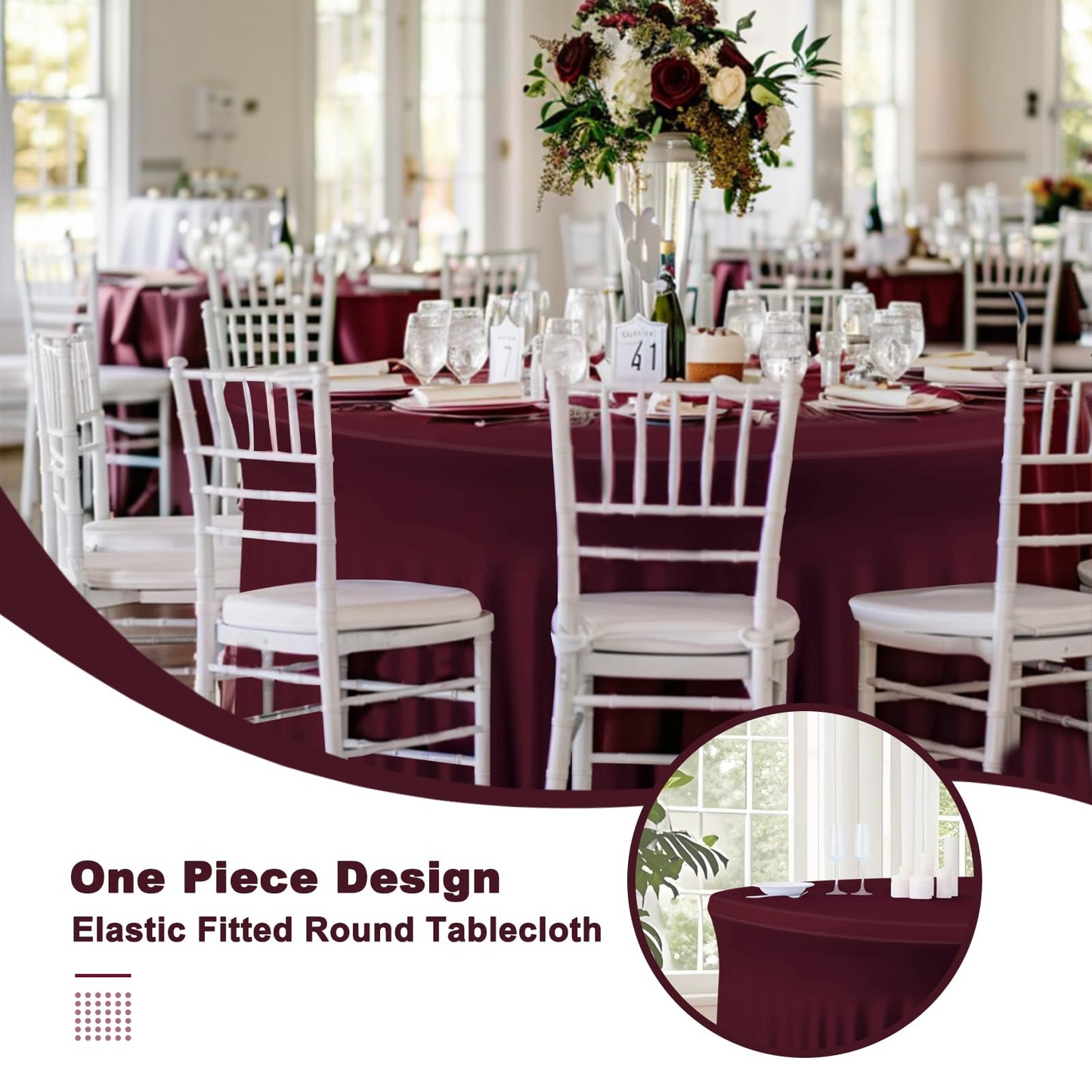6 Pack Burgundy Tablecloths for Round Table, 60 Inch Round Tablecloth Fabric, Fitted Table Covers for 5 FT Circle Tables for Wedding Birthday Photography Themed Party Banquet Holidays Red Party Decor