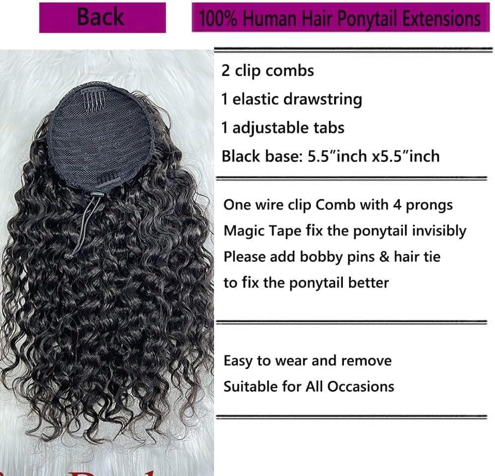 Datanala Water Wave Ponytail Extensions Human Hair Drawstring Ponytail Extension Brazilian Remy Water Wave Human Hair Ponytail Clip in Hair Extensions Nature Black Color for Black Women (18Inch)