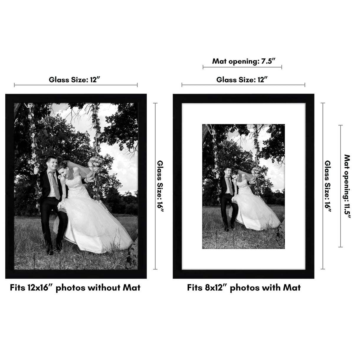 Americanflat 12x16 Black Picture Frame - Display Pictures 8x12 with Mat - Display Pictures 12x16 without Mat - Glass Front - Hanging Hardware Included