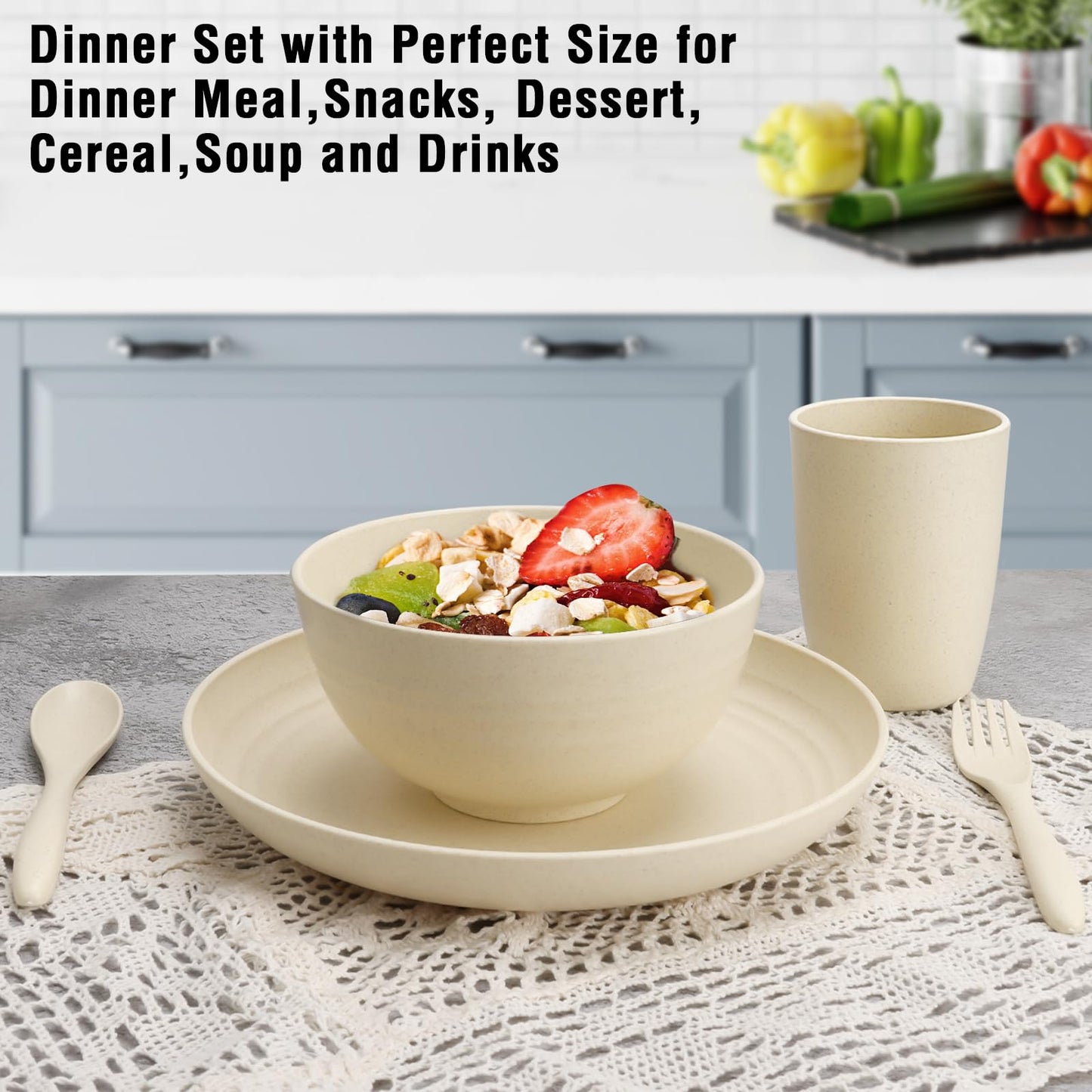 20 PCS Wheat Straw Dinnerware Set for 4 - Unbreakable Plates, Bowls, Cups & Cutlery - Microwave/Dishwasher Safe for Camping & Outdoor - Coastal Color