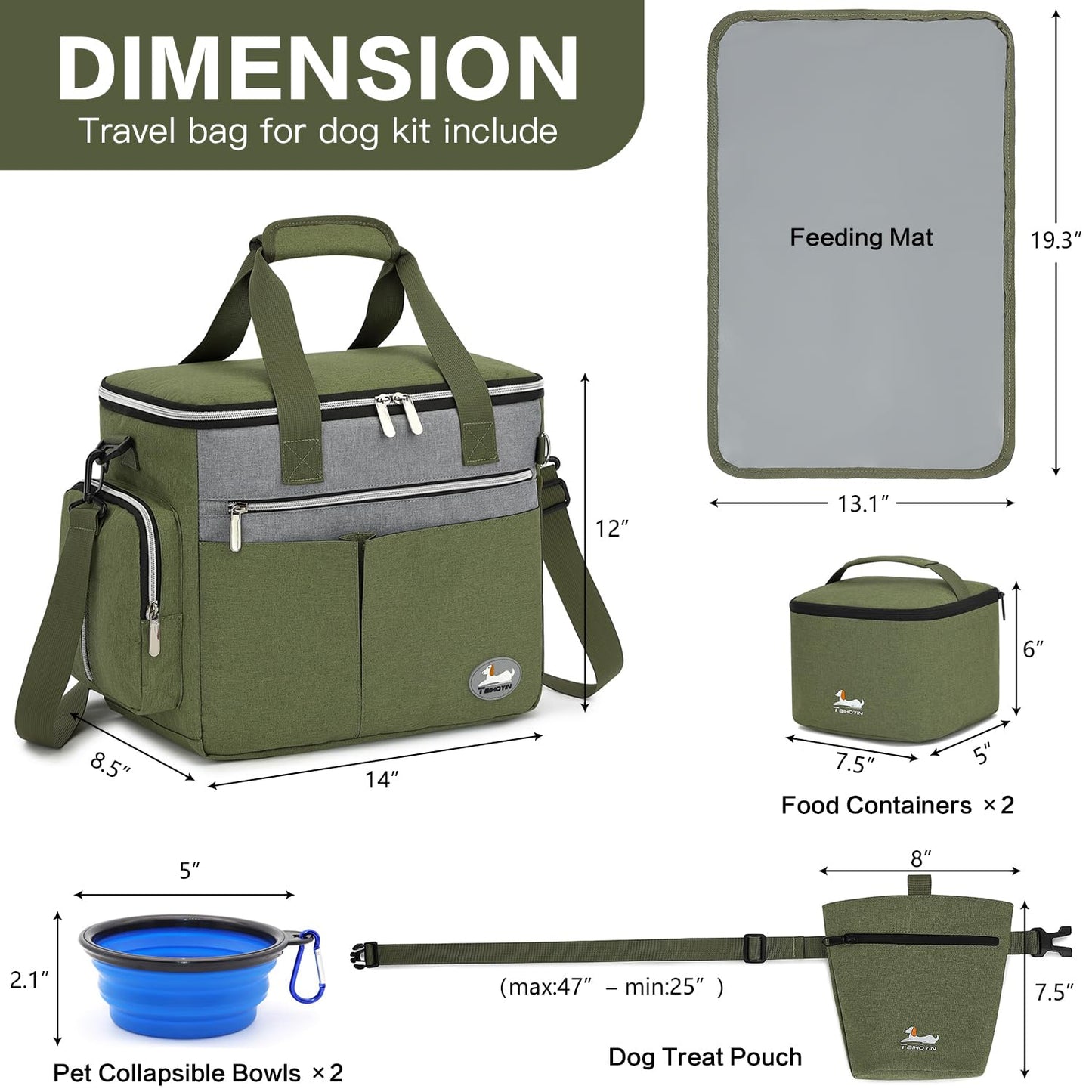 Taihoyin Dog Travel Bag for Pet Kit for Supplies with 2 Food Storage Containers 2 Collapsible Bowl 1 Feeding Mat 1 Dog Treat Pouch 7-Piece Set Perfect Road Trips Camping Weekend Doggy Gift Olive Green