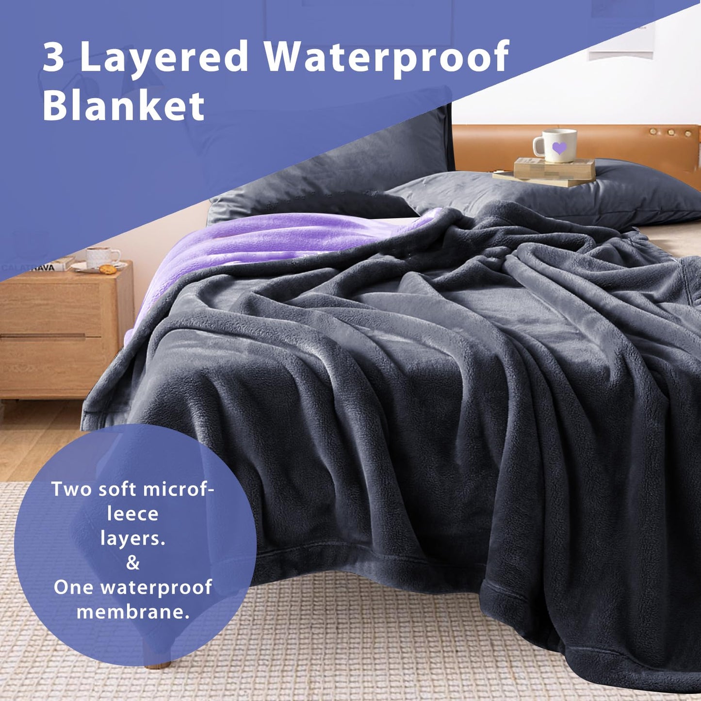 YISURE Waterproof Reversible Blanket 80''x60'' for Bed, Grey/Purple Washable Blankets for Adults Couples, Reversible Leakproof Protector Couch Bed Cover