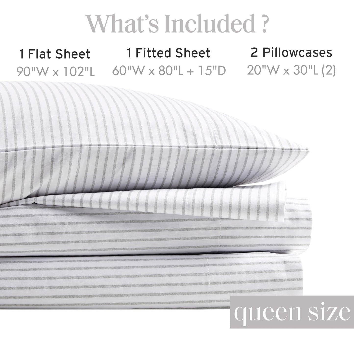 Madison Park 100% Cotton Sheets, Breathable & Soft Cotton Bed Sheets, Printed Design, Elastic Pocket Cotton Sheet Set Fits Up to 17" Mattress, All Season, Queen Gray Stripes 4 Piece
