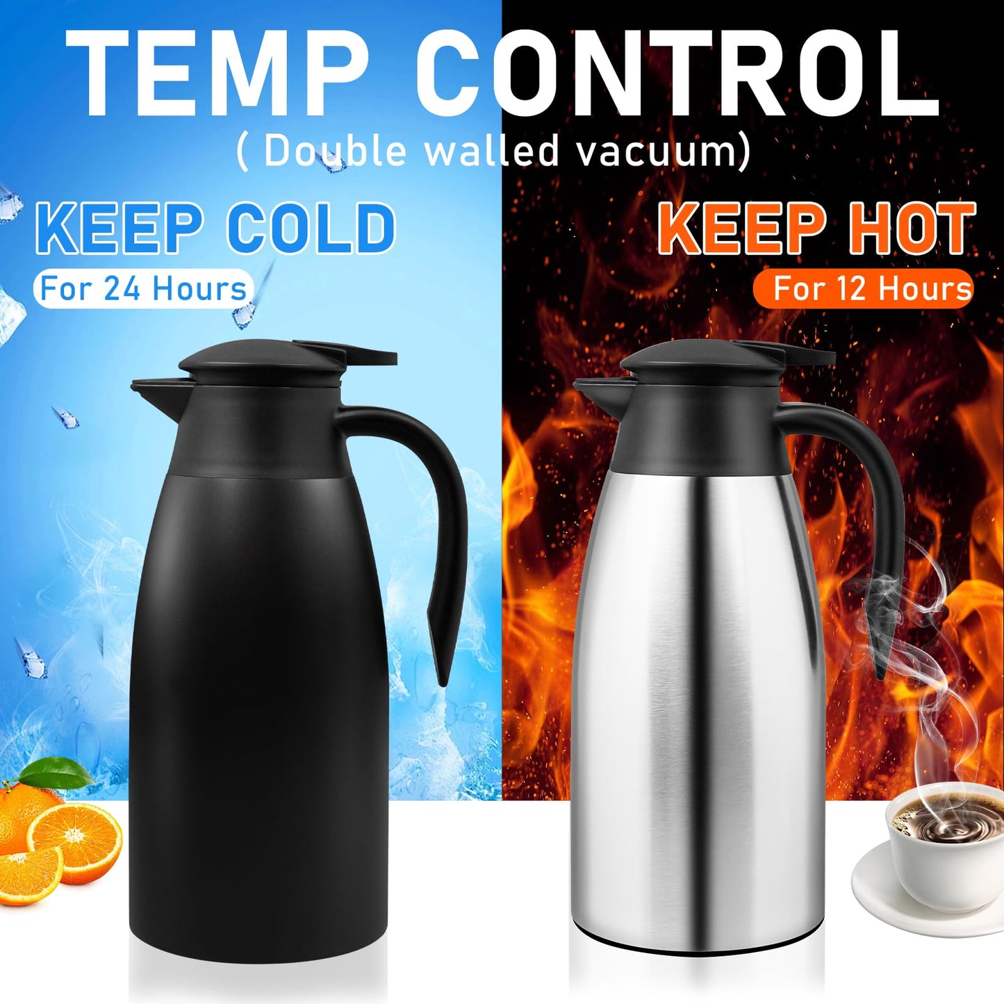 2 Pcs 68 oz Thermal Coffee Carafe Insulated Stainless Steel Coffee Carafe for Hot Liquids Vacuum Thermal Pot Creamer Carafe Dispenser with Brushes Keeping Hot 12 Hours (Silver, Black)