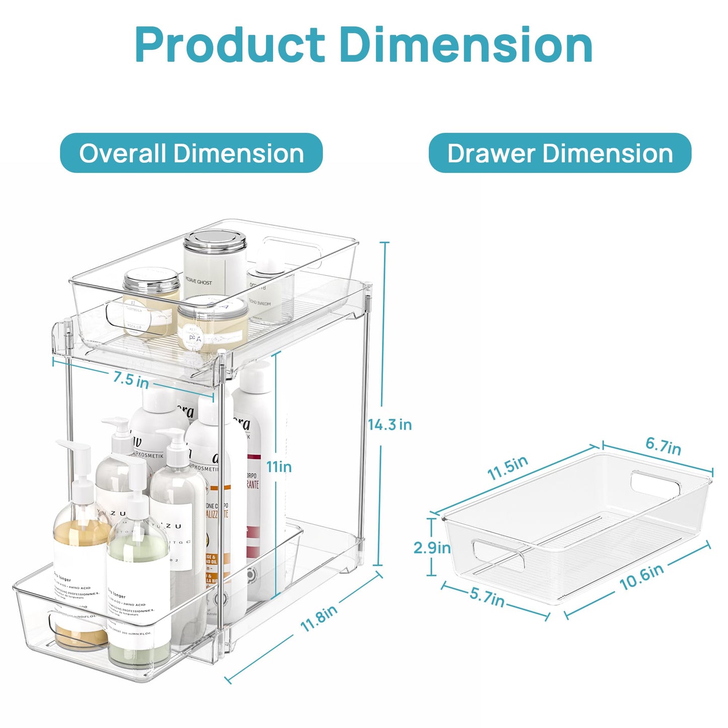 Vtopmart 2 Pack Higher Bathroom Organizer, 2 Tier White Under Sink Organizers Vanity Countertop Storage Container,Cabinet Drawers Bins, Pull-Out Organization with Track for Pantry, Kitchen