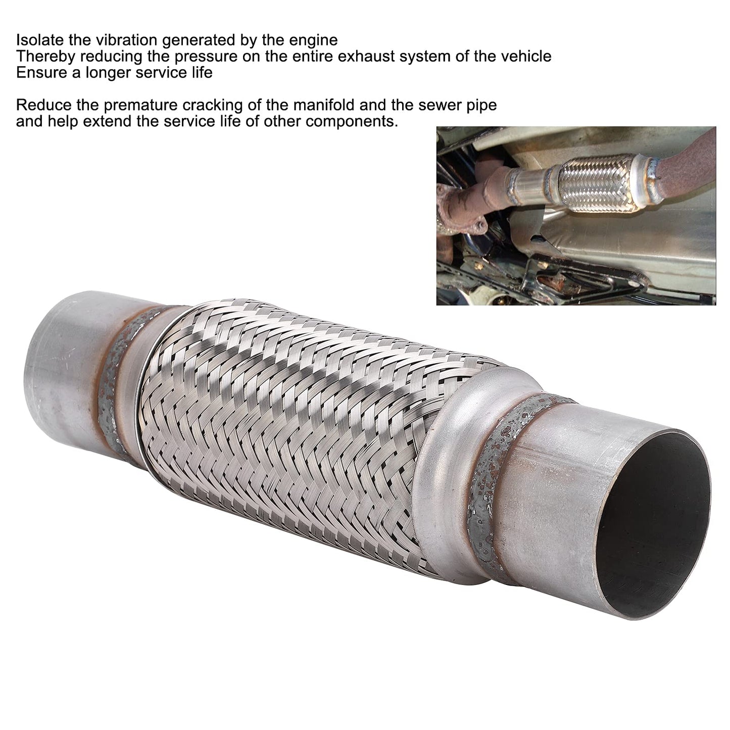 Heavy Duty Exhaust Flex Pipe, 2.5" x 8" x 12'' Stainless Steel Braided Flexible Exhaust Pipe, Universal Fit for Cars & Trucks, Durable Car Exhaust Pipe Repair Replacement Kit, 63mm x 300mm