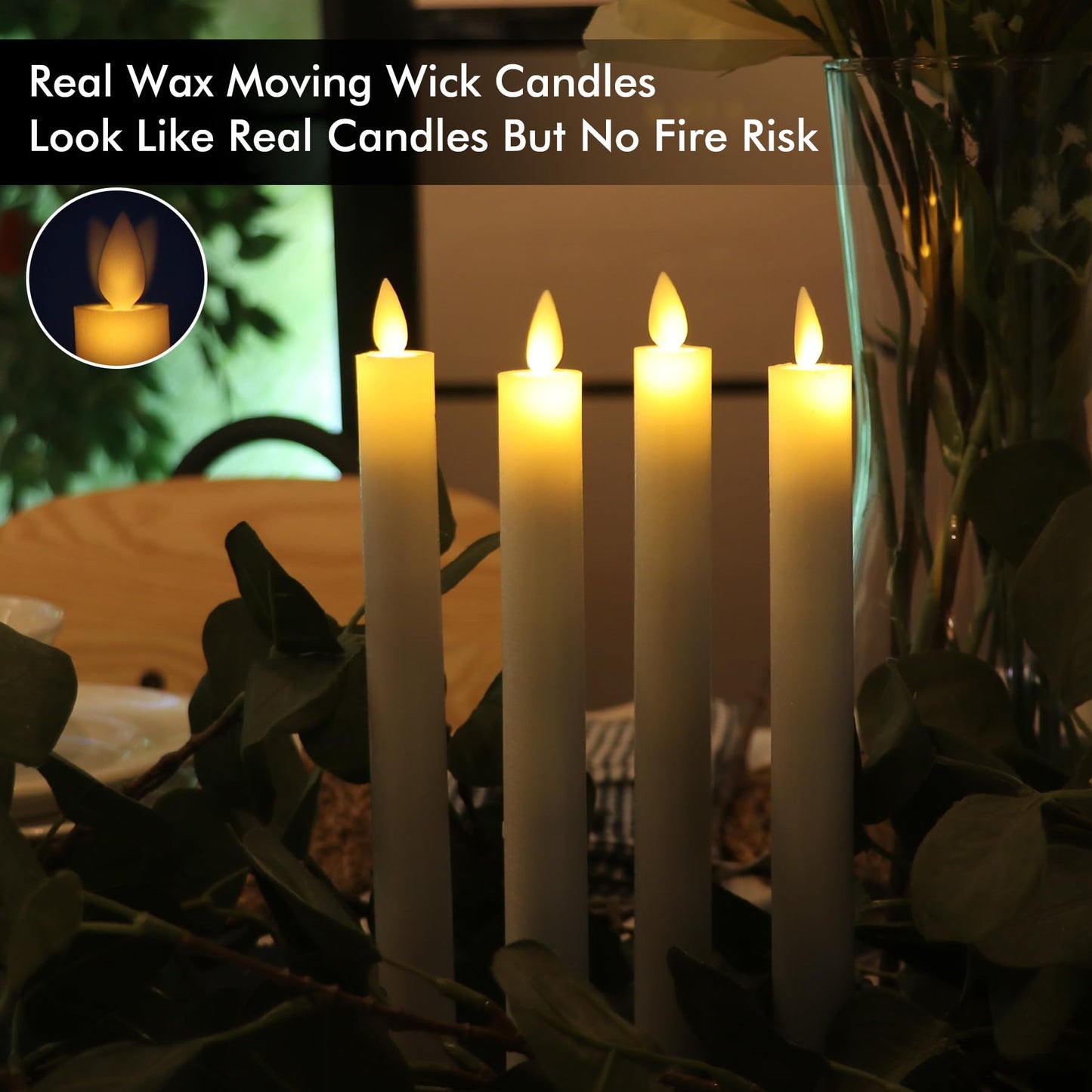 Fanna 9.4" Flameless Taper Candles with Moving Flame, Real Wax Finished Flickering Battery Operated Candles, Remote Control & Batteries Included - Set of 4