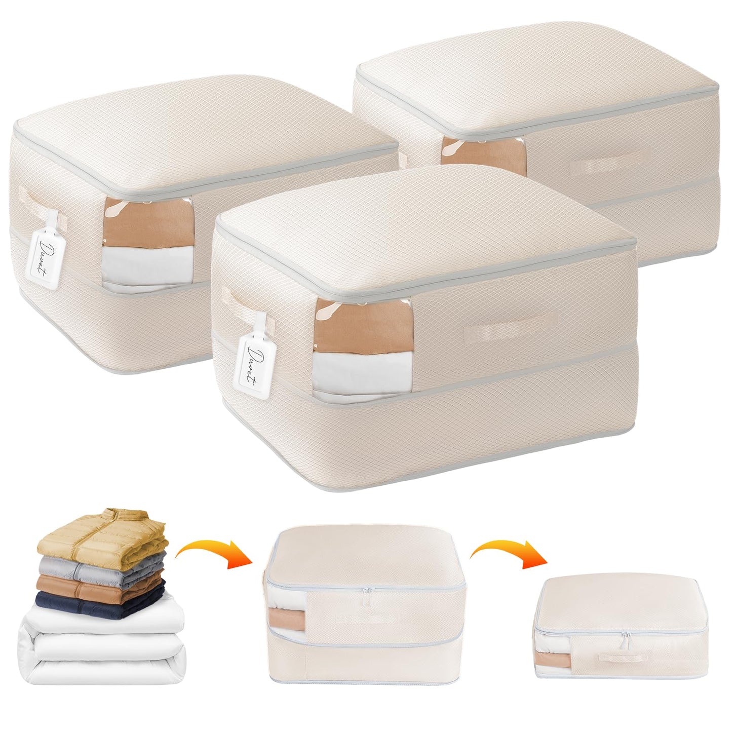 DIMJ Blanket Storage Bag Compression Organizer -3 Pack 198L Ultra Space Saving Self Compression Organizer with Clear Window Washable Compression Bags for Comforters Duvet Bedding, Dorm, Beige