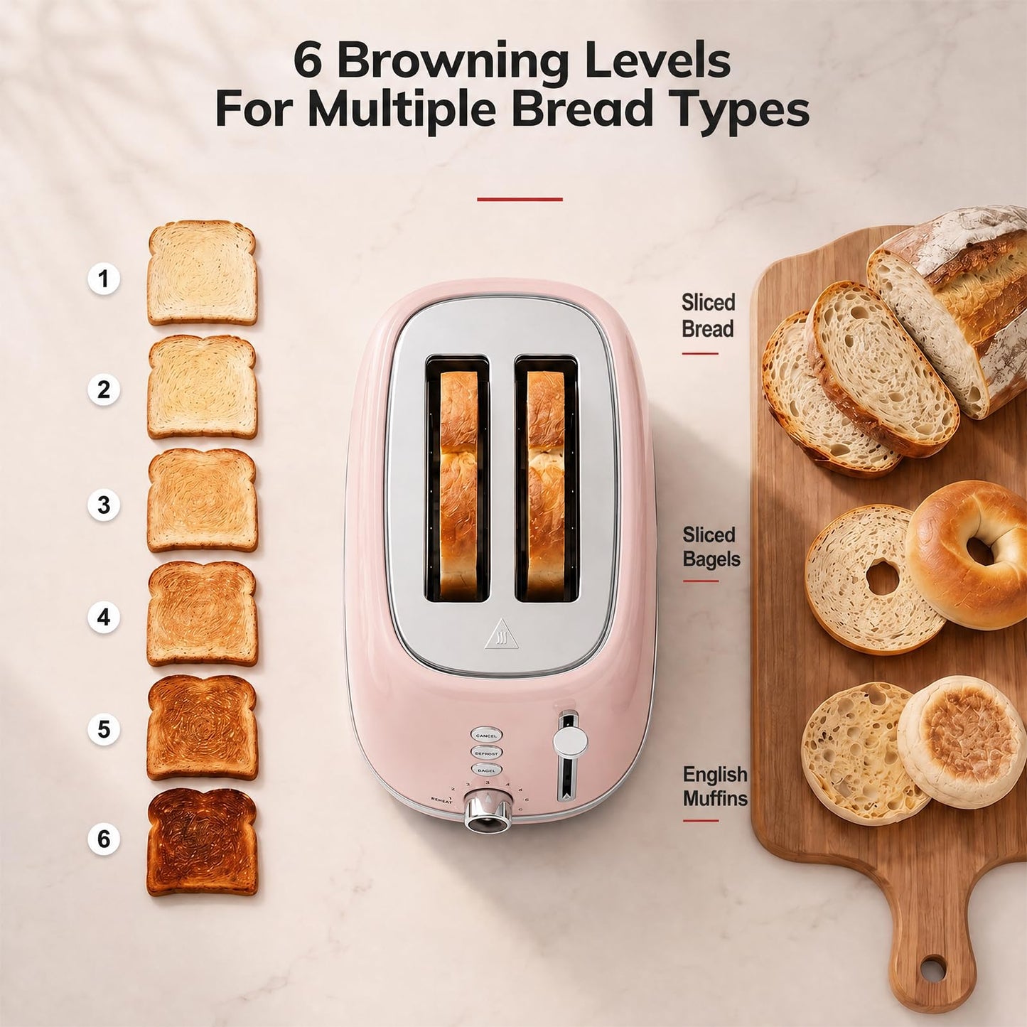 Keenstone Toaster 2 Slice Stainless Steel with 6 Bread Shade Settings, Bagel, Cancel, Defrost Function, 2 Slice Retro Toaster with Extra Wide Slot, Removable Crumb Tray, Pink