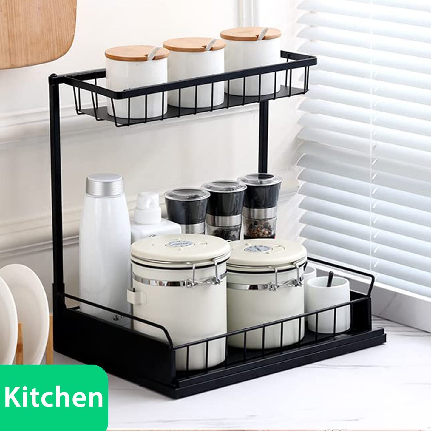 ADRIMER Under Sink Organizer, Pull Out Kitchen Sink Organizer, 2 Tier Slide Out Kitchen Organizers and Storage Metal Under Cabinet Storage Shelf, Black