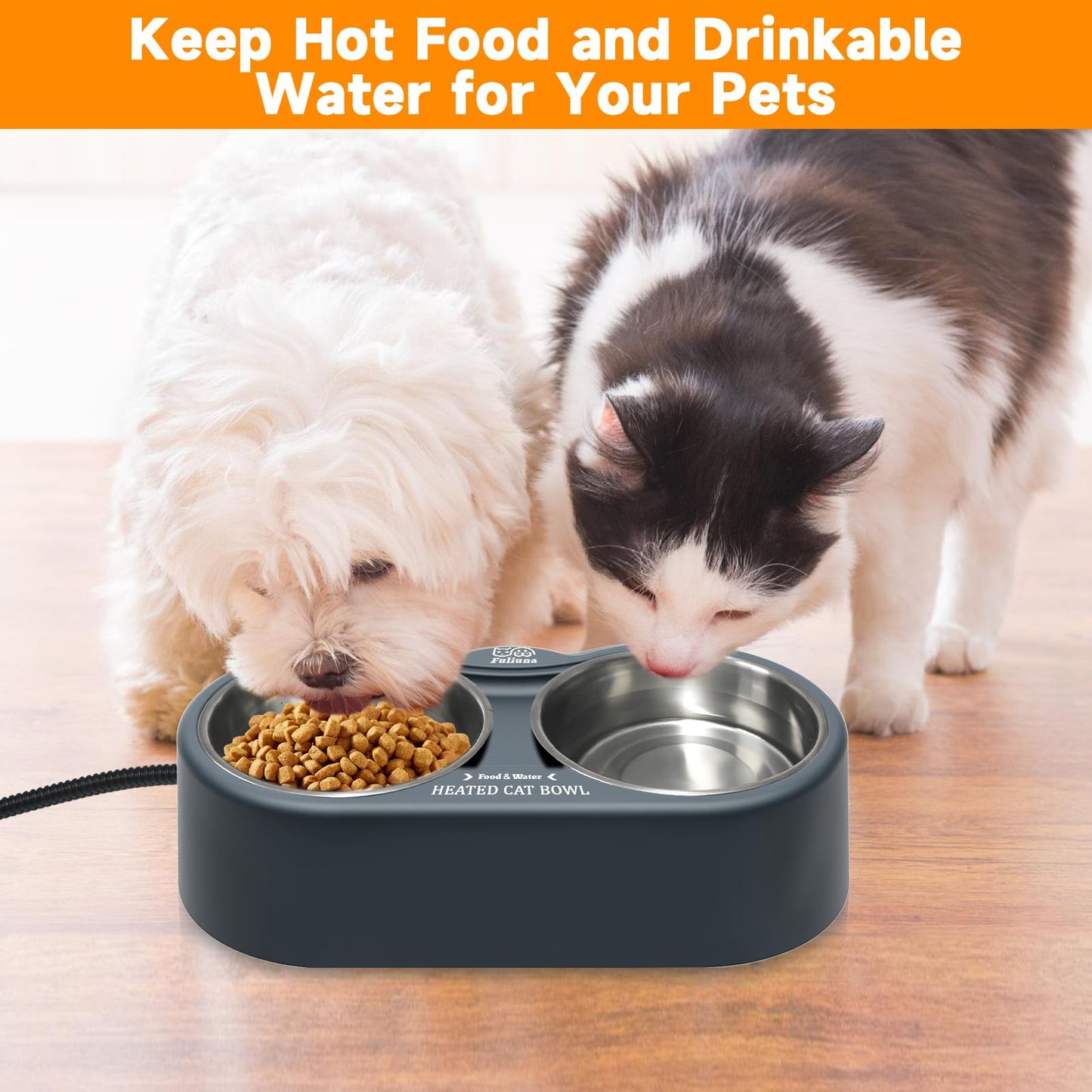 Fuliuna Heated Cat Bowl, Outdoor Heated Pet Bowl with Double Stainless Steel Bowl 24 OZ, Water Food Bowl for Cat Pet, Thermal Pet Bowl Provide Drinkable Water and Hot Food in Winter