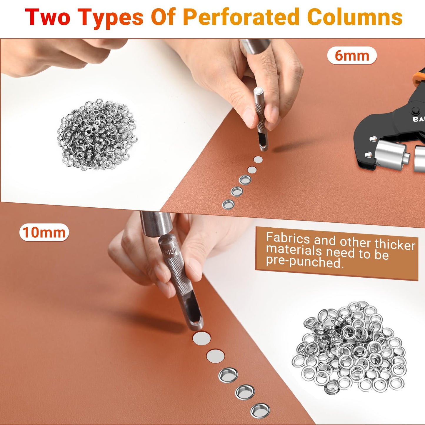 Preciva Grommet Tool Kit, Interchangeable Double Head Handheld Grommet Eyelet Plier Set for Advertising Poster, Banner, Portable Manual Puncher with 400pcs Silver Grommets (1/4 and 3/8 size with case)