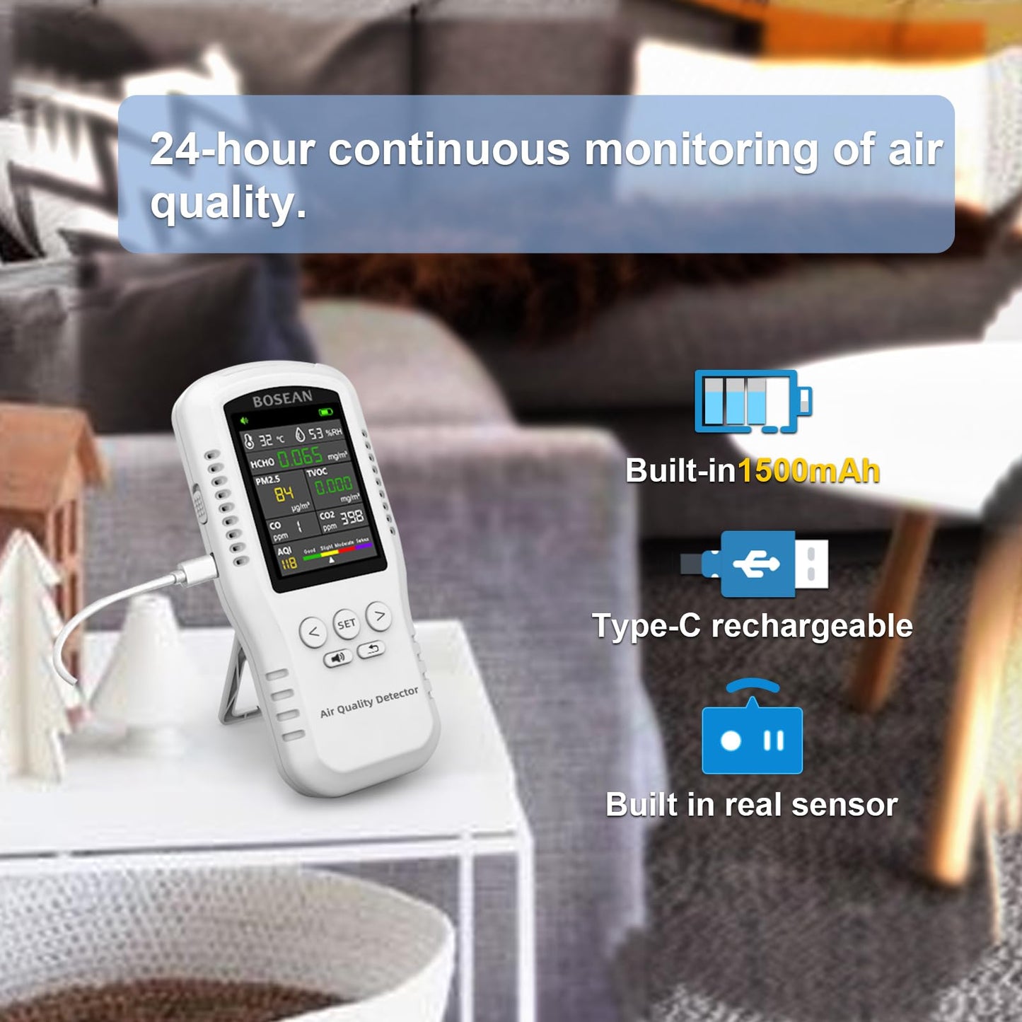 Air Quality Monitor, 8 in 1 Indoor Air Quality Meters, Formaldehyde Detector, Pollution Meter Sensor Detecting HCHO, PM2.5, TVOC, CO, CO2, AQI, Temperature and Humidity Tester