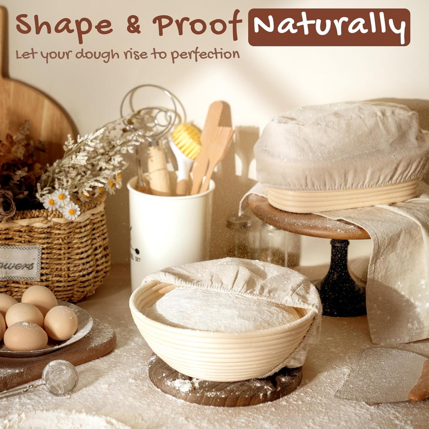 Sourdough Starter Kit, Sourdough Bread Baking Supplies with 2 Bread Proofing Baskets for Sourdough, 36oz Sourdough Starter Jar, Bread Lame, Dough Scraper, Dough Whisk & Silicone Bread Sling