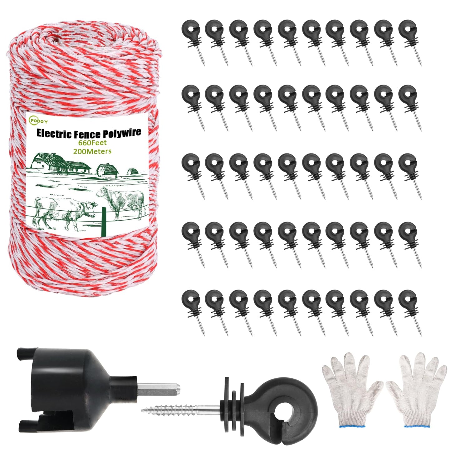 Electric Fence Polywire 660 Feet with 50 Pcs Electric Fence Insulator, High Conductivity Weatherproof 6 Steel Strands Electric Fence Wire & Insulator Socket Tool for Cattle, Horses, Sheep