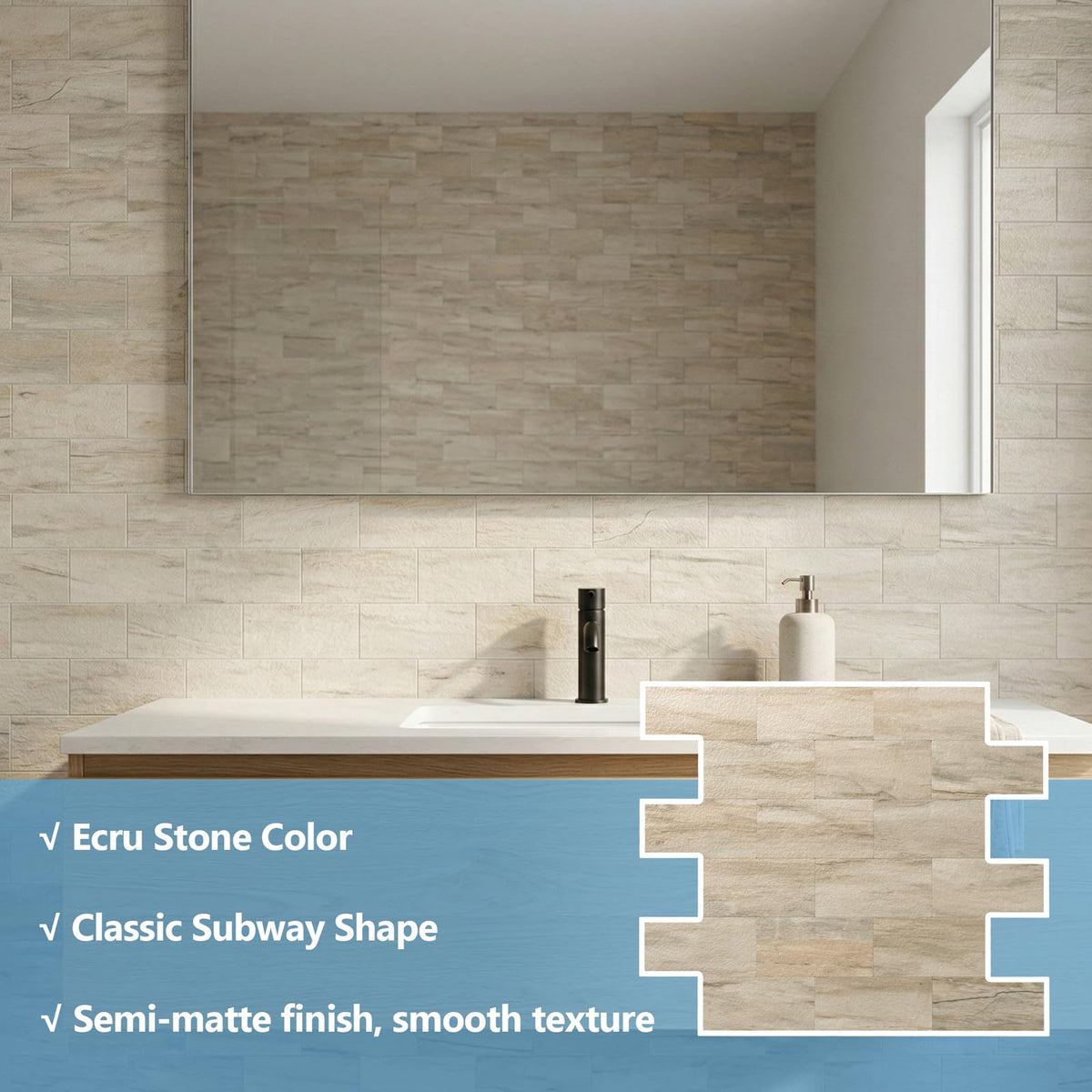 OYASIMI 10-sheet Slate Beige Peel and Stick Backsplash, 12’’Ceramic Look Subway Tile, Waterproof Peel and Stick Wall Tiles for Kitchen and Bathrrom