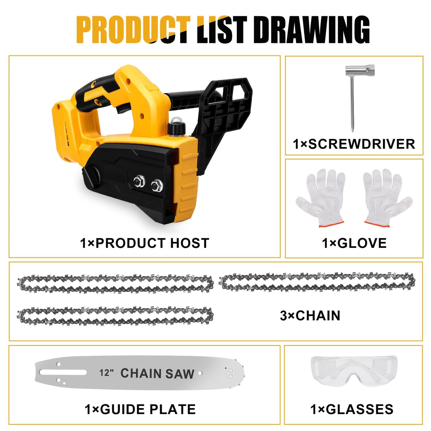Brushless Chainsaw Compatible with Dewalt 20V Battery, 12 Inch Mini Chainsaw Cordless with 3 Chains and Security Lock Handheld Electric Chainsaw for Wood Cutting, Tree Trimming (No Battery)