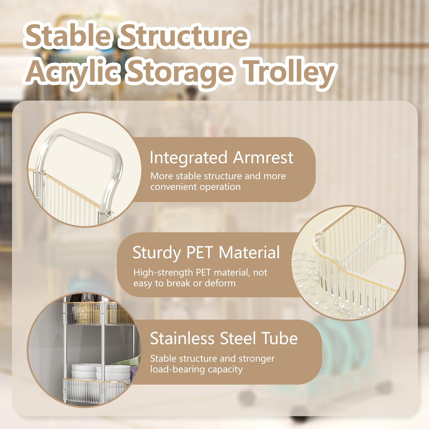 Acrylic Utility Cart, 2 Tier Rolling Trolley with Lockable Wheels Storage Organizer for Kitchen Bathroom Laundry Snack Book,Gold,2 Tier
