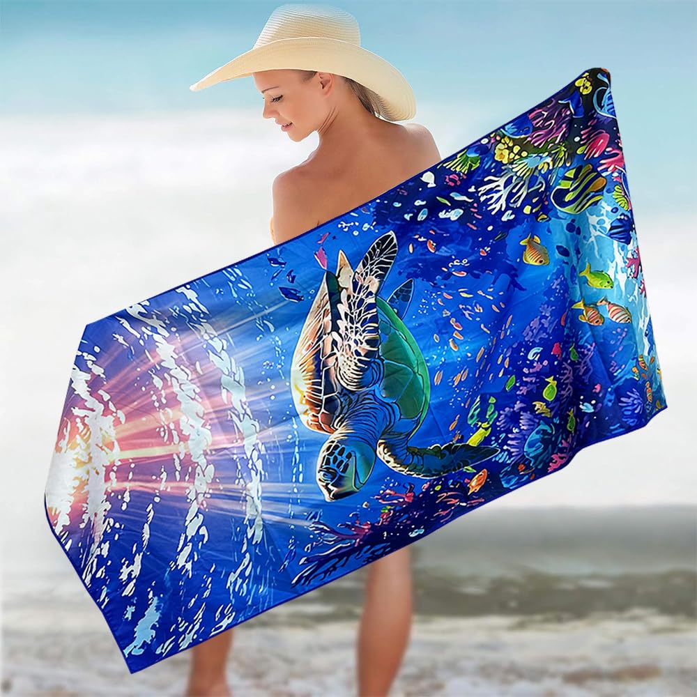 4 Pcs Microfibre Beach Towel 71"X32" Quick Dry Blue Lightweight Sand Free Extra Large Thin Towels Travel Essentials for Adults Womens Swim Bath Accessories Mats Holiday Must Haves Sea Turtle