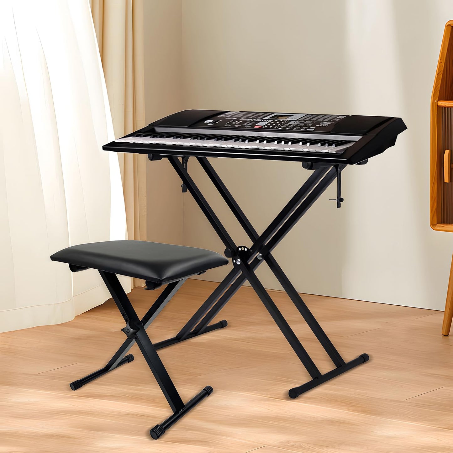 ASDJAKZP Keyboard Stand and Bench Set, Piano Keyboard Stand and Bench with Lockable Straps & Non-Slip Pads, Double-X Keyboard Stand Adjustable Digital Piano Stand and Bench, 7 Adjustable Heights (Black)