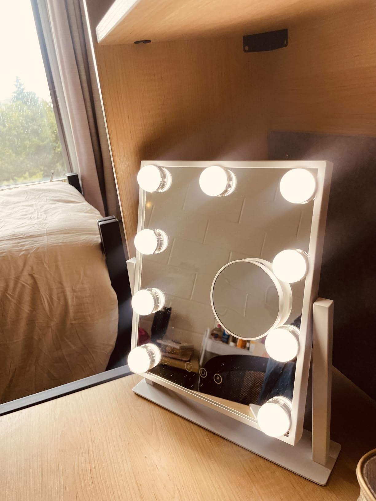Sucedey Makeup Mirror with Lights, 14x12 '' Lighted Vanity Mirror with 9 Bulbs, 3 Color Mode and Dimming, Touch Control, Detachable 10X Zoom Mirror, 360° Rotation, Sleek Metal Frame -White