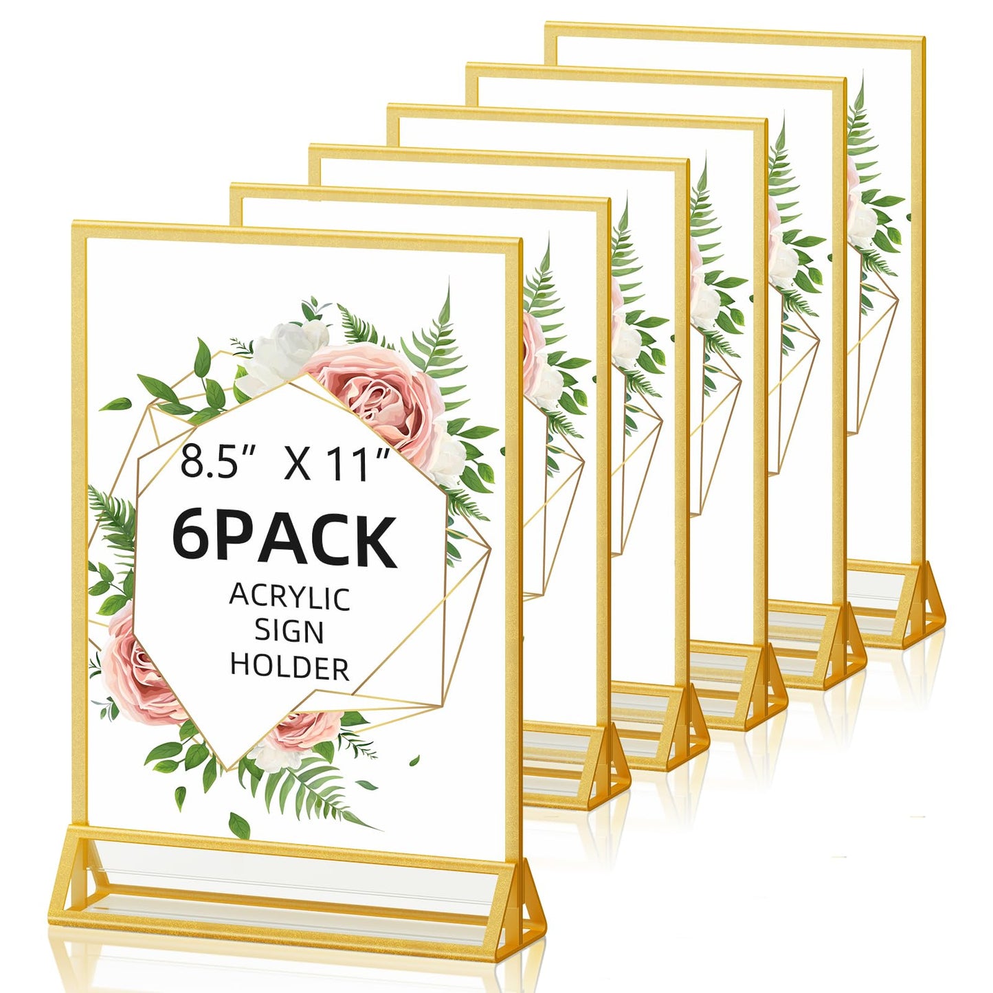 Acrylic Sign Holder 8.5x11 Double-Sided Gold Picture Frames Clear Sign Holder for Flyer Holder Menu Holder Wedding Table Number Holder Photo Frame -6 Pack