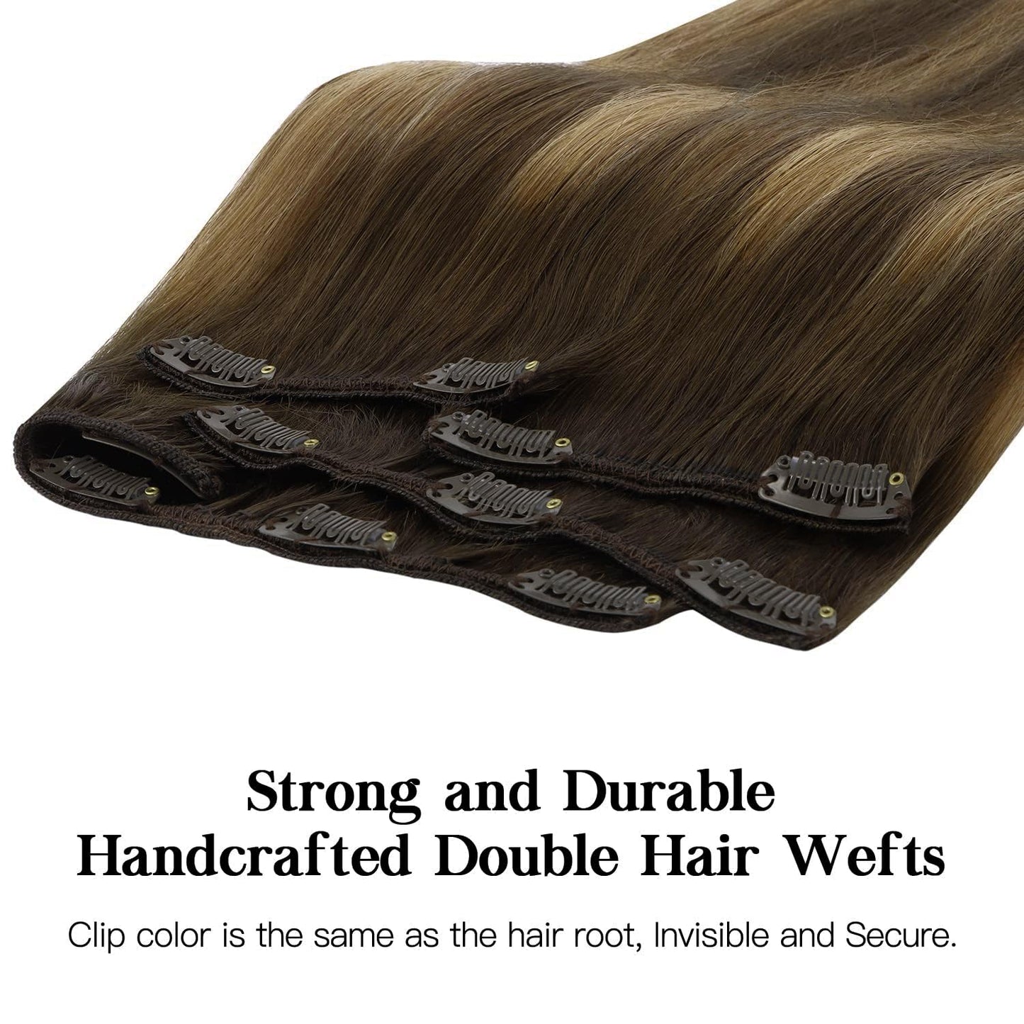 HOTBANANA Human Hair Clip in Hair Extensions, Balayage Chocolate Brown Mixed Caramel Blonde 120g Clip in Hair Extensions Real Human Hair Straight Remy Hair Clip Ins Dark Roots Ombre 22 Inch 7pcs