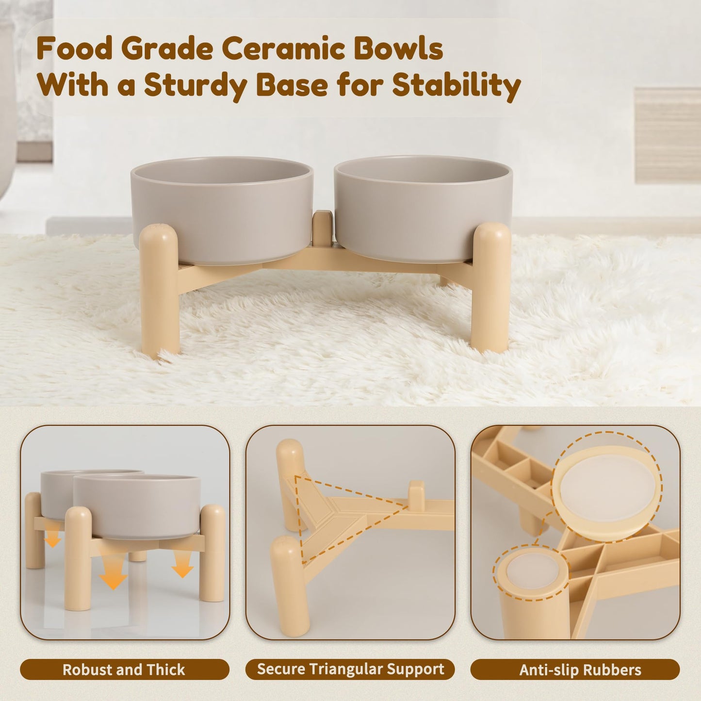 Elevated Ceramic Dog Bowl Set of 2 - Double Dishes with Non-Slip Stand - Raised Food and Water Bowls - Ideal for Small to Medium Dogs - Each Holds 2 Cups (28.75 fl oz) - Grey