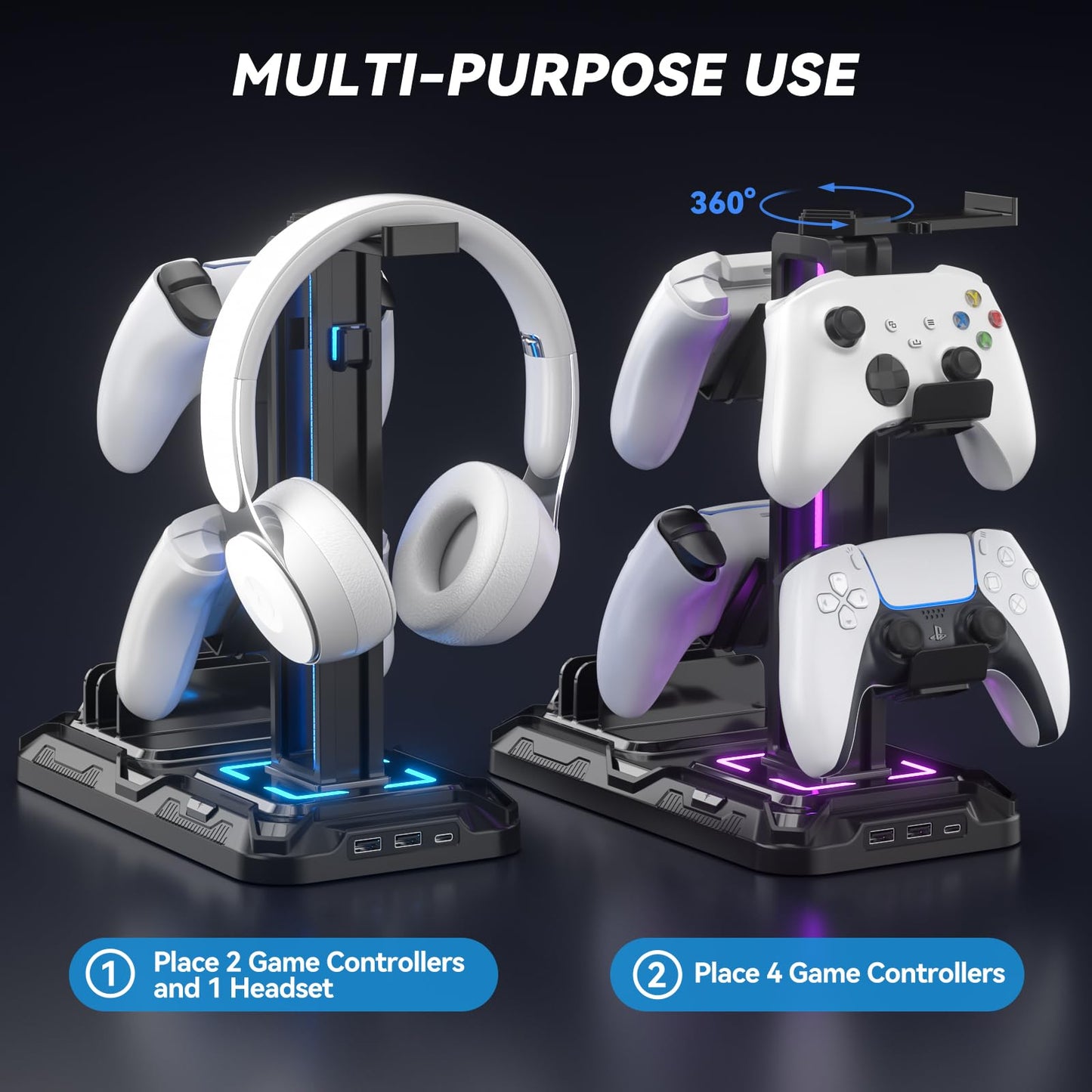 KDD Headset Stand with Phone Holder - Detachable Controller Holder with 9 Light Modes - Rotatable Headphone Hanger with USB Charging Ports - Earphone Hook for Gaming PC Accessories Storage(Black)