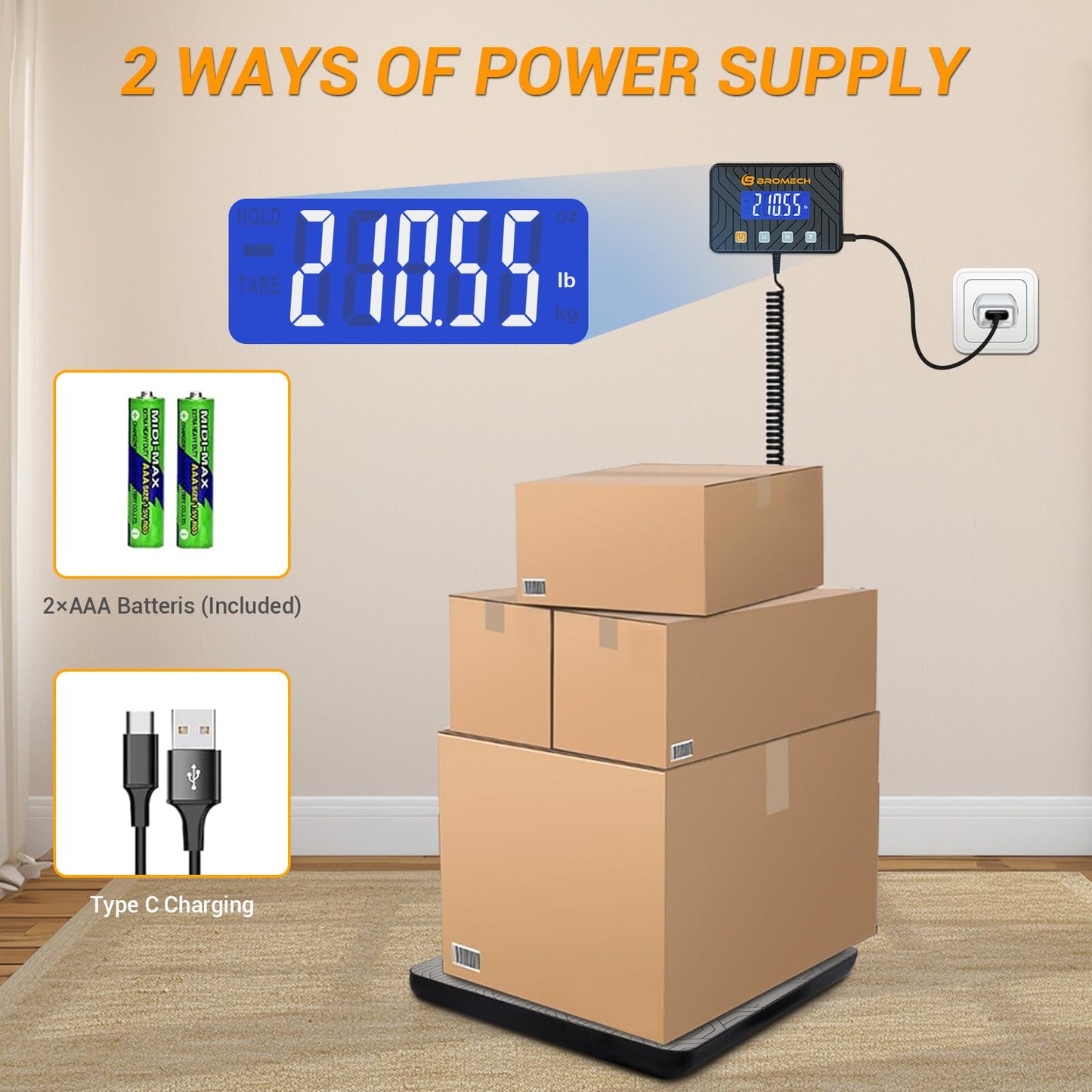 BROMECH Shipping Scale Heavy Duty - 440 LB Postal Scale for Packages, Industrial Use, and Small Businesses - Durable Stainless Steel Mailing Scale with High-Performance Sensors
