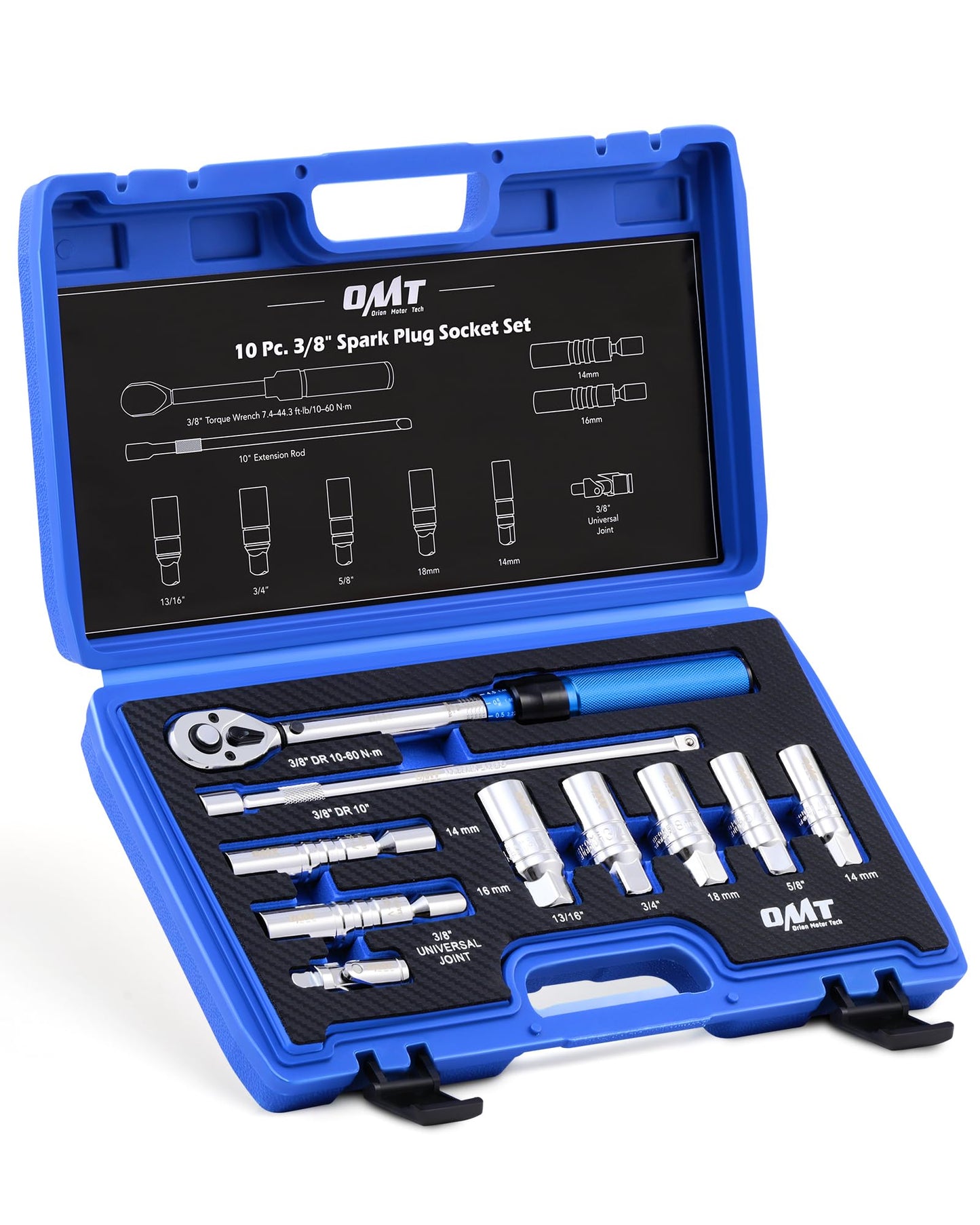 Orion Motor Tech 10pc 3/8 inch Drive Spark Plug Socket Set with 72 Tooth Click Torque Wrench, Magnetic Swivel Sockets, Universal Joint & Extension Bar, Cr-V Steel Spark Plug Removal Tool Kit