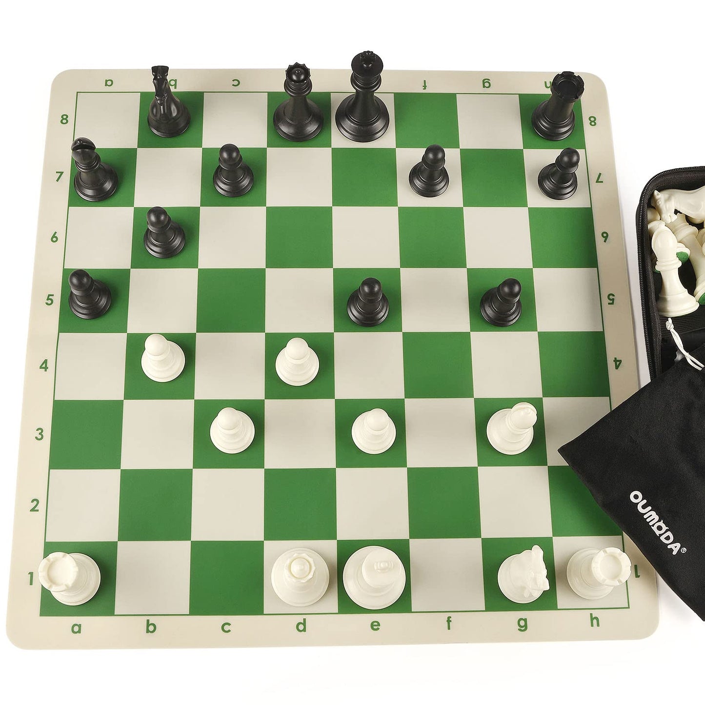 OUMODA 4" King Tournament Chess Set Foldable 20" Silicone Chess Board Mat with 2.2" Squares Green Color, Weighted Chess Pieces- 2 Extra Queens, Carrying Case for Storage and Travel