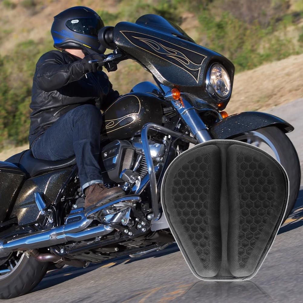DZG Motorcycle Seat Cushion Breathable Vibration Shock Absorption Pressure Relief Gel Seat Cushion Foldable Motorcycle Seat Pad for Cruiser Touring Long Rides