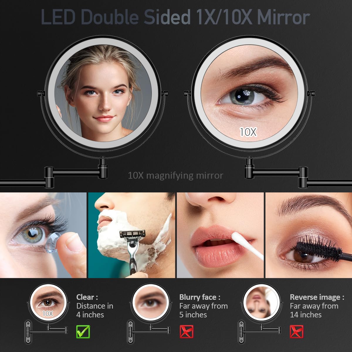 Rocollos Rechargeable Lighted Wall Mounted Makeup Mirror with 3 Color Lights,Dimmable Touch Screen,8 Inch LED Double Sided 1X/10X Magnifying 360°Flexible 13 Inch Retractable