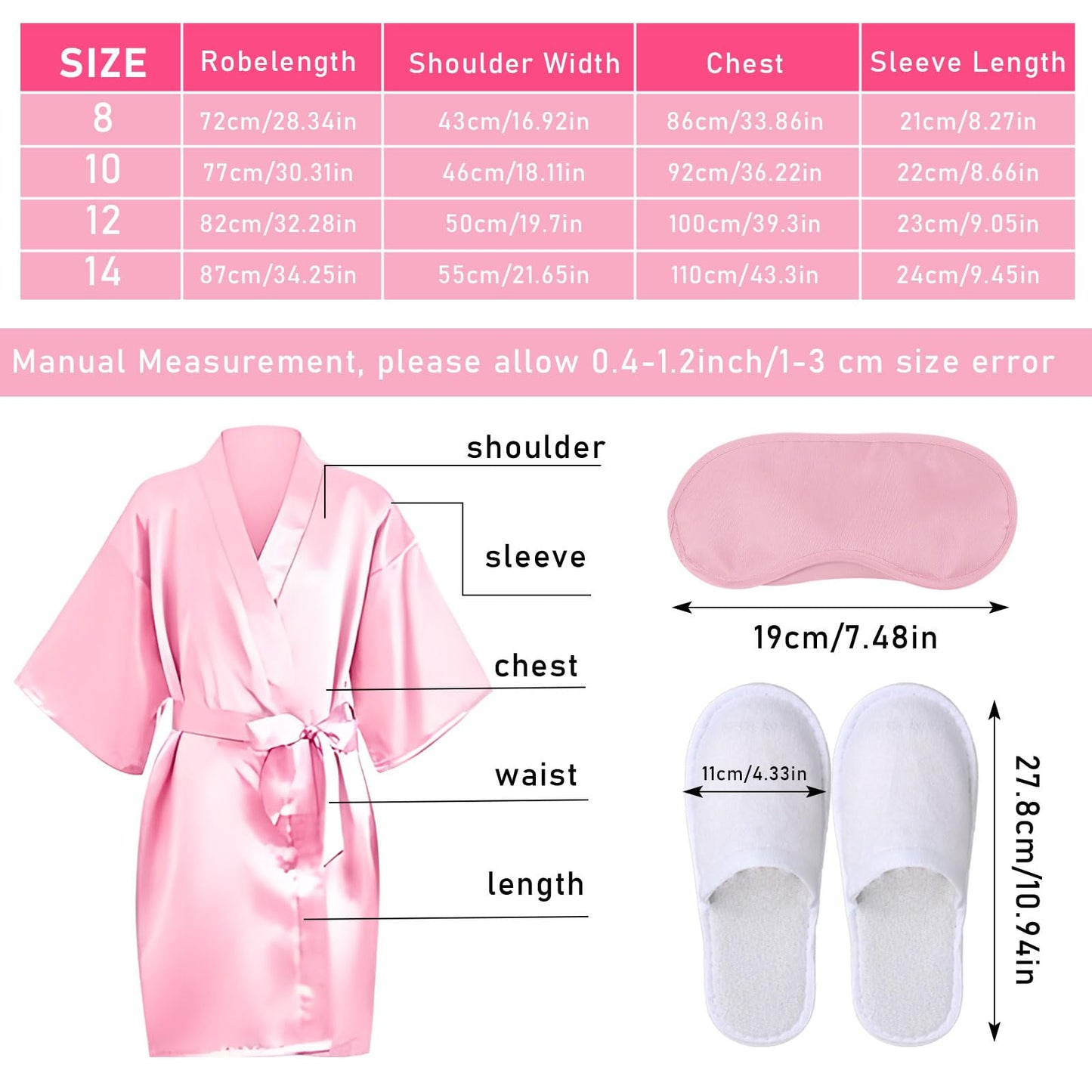 18 Pcs Spa Party Supplies for Girls 6 Satin Kimono Robe 6 Sleeping Eye Mask 6 Disposable Slippers for Flower Girl Kid Salon Pedicure Wedding Birthday Favors Washing Shower (Size 14, Pink)