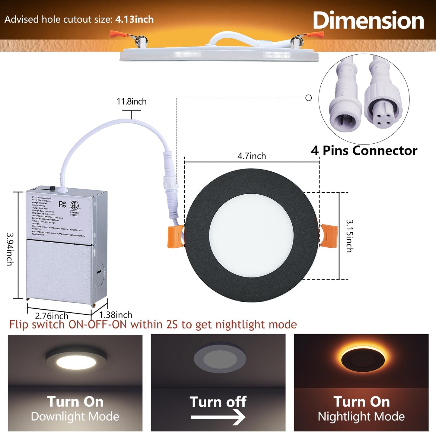 Togalonn Black Pot Lights LED 4 Inch Recessed Lights with Night Light Mode, Dimmable & 5CCT Selectable Slim Soffit Wafer Downlight, ETL Listed, IC Rate, 9W, 6 Pack