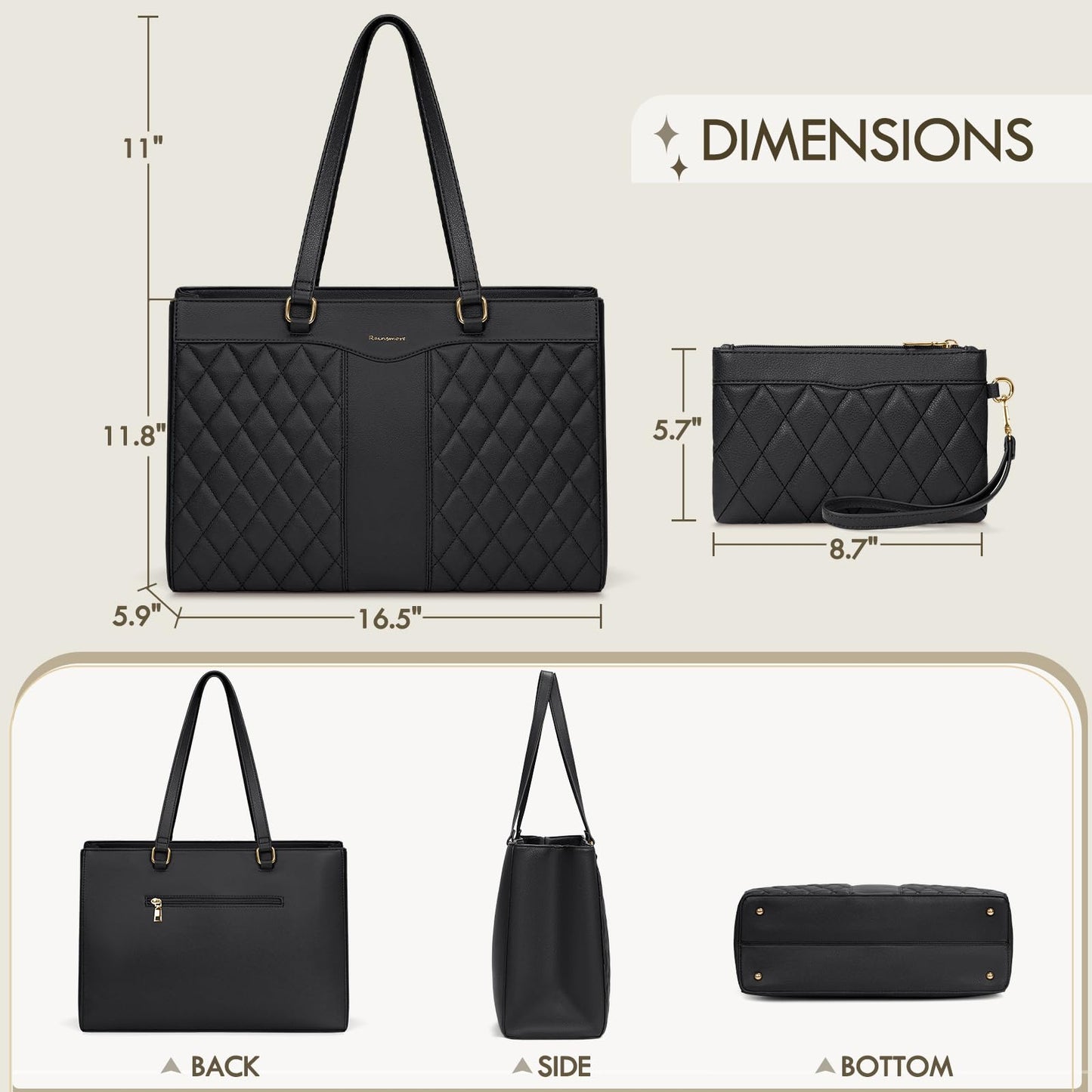 RAINSMORE Laptop Bag for Women 15.6 Inch Work Tote Bags Leather Laptop Tote Professional Laptop Purse Computer Handbag Womens Briefcase Tote with Clutch for Teacher Office Travel, Black