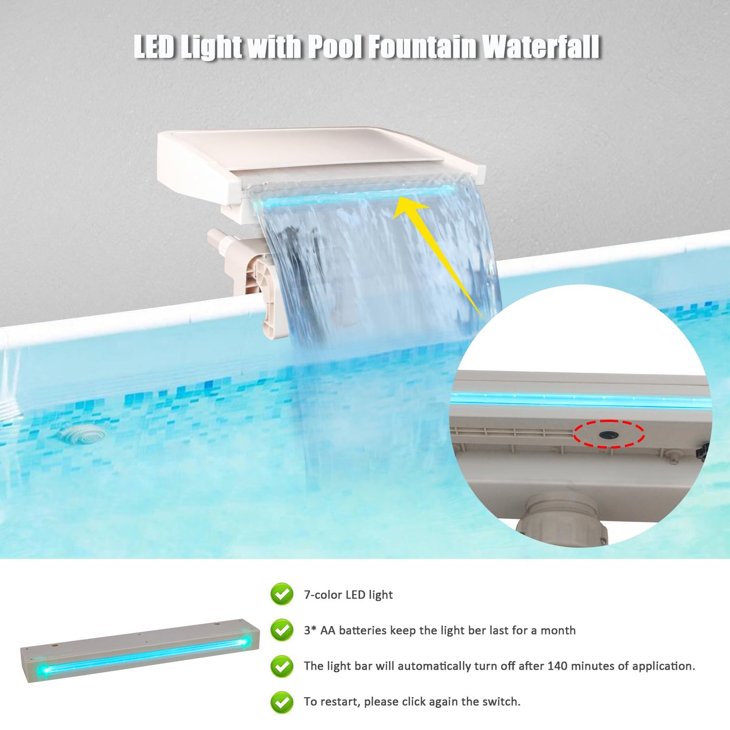 Pool Waterfall with 7-Color LED Lights, Swimming Pool Waterfall Fountain for Above Ground Pools, Smooth Flowing Waterfall with Light for Relaxation, Adjustable Width Fits 1.2" to 4.7" Frames