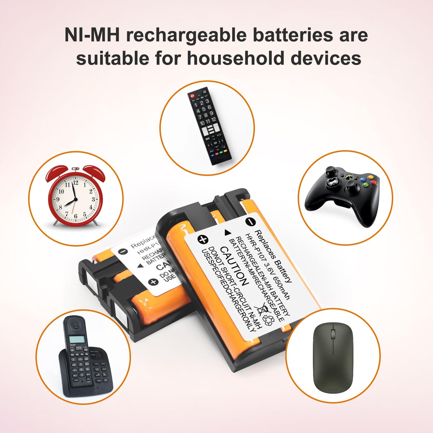 2 Pack HHR-P107 NI-MH Rechargeable Battery for Panasonic 3.6V 650mAh Battery for Cordless Phones