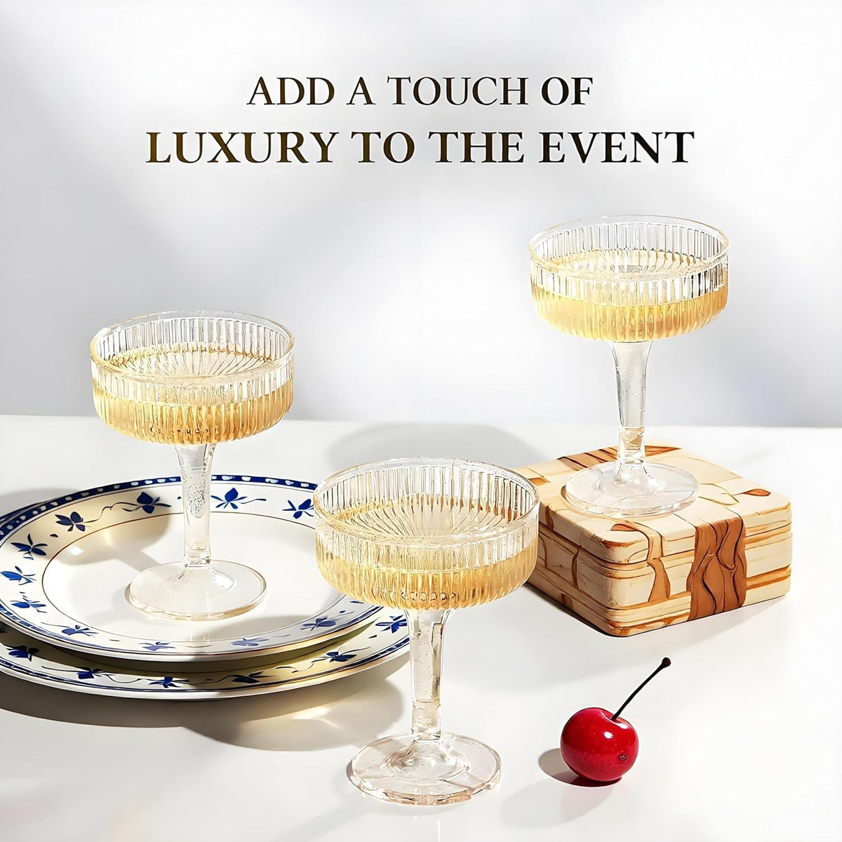 SOBECHOI 4-Tier Champagne Tower with 20 PCS 7oz Gold Glitter Plastic Flutes, Butterfly Shape Vertical Stripes Design - Shatterproof Reusable Toast Glasses for Weddings, Celebrations