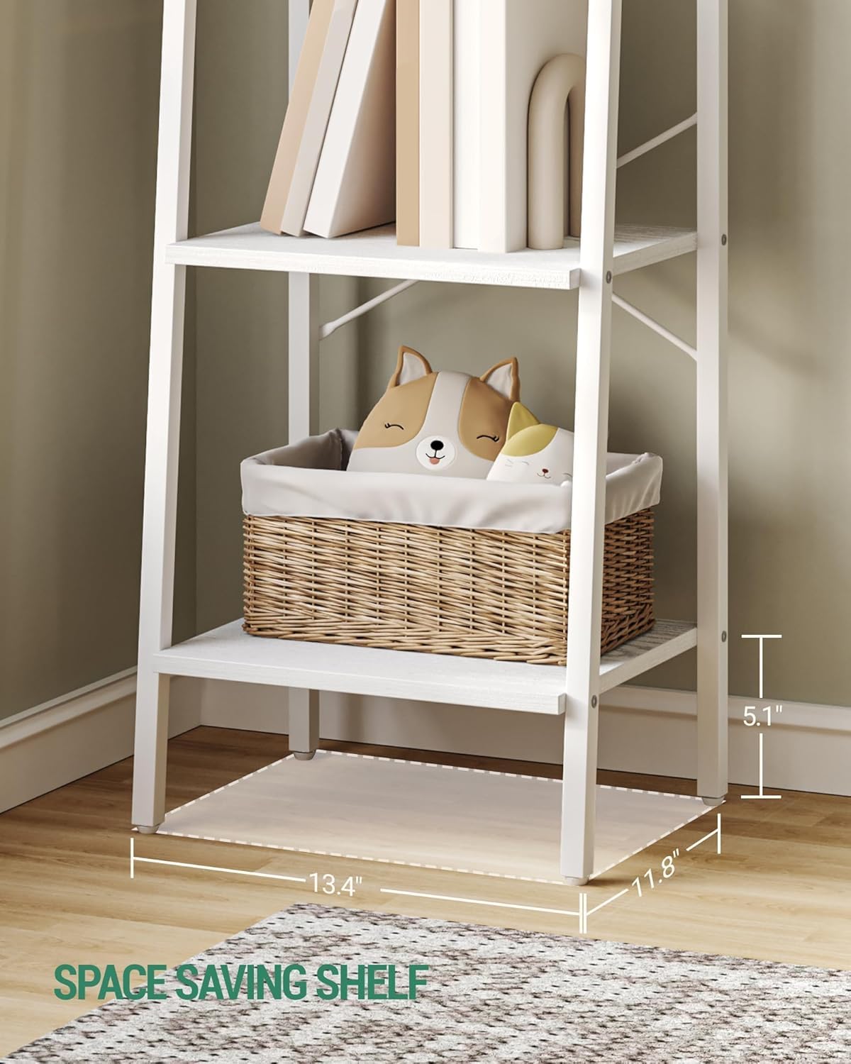 Hzuaneri Ladder Shelf, Bookshelf Bookcase, Freestanding Corner Storage Shelve with 2 Hooks for Home Office, Living Room, Kitchen, Bedroom, Industrial, 5-Tier White BC03213W