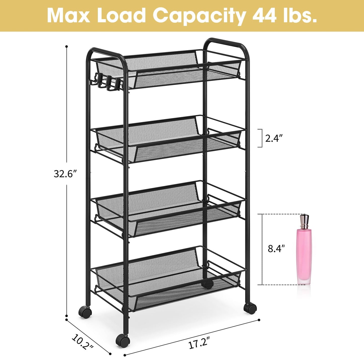 TOOLF 4-Tier Rolling Cart, Metal Utility Cart with 3 Hooks, Easy Assemble Mobile Storage Trolley On Wheels, Metal Shelving Units Kitchen Bathroom Laundry Room