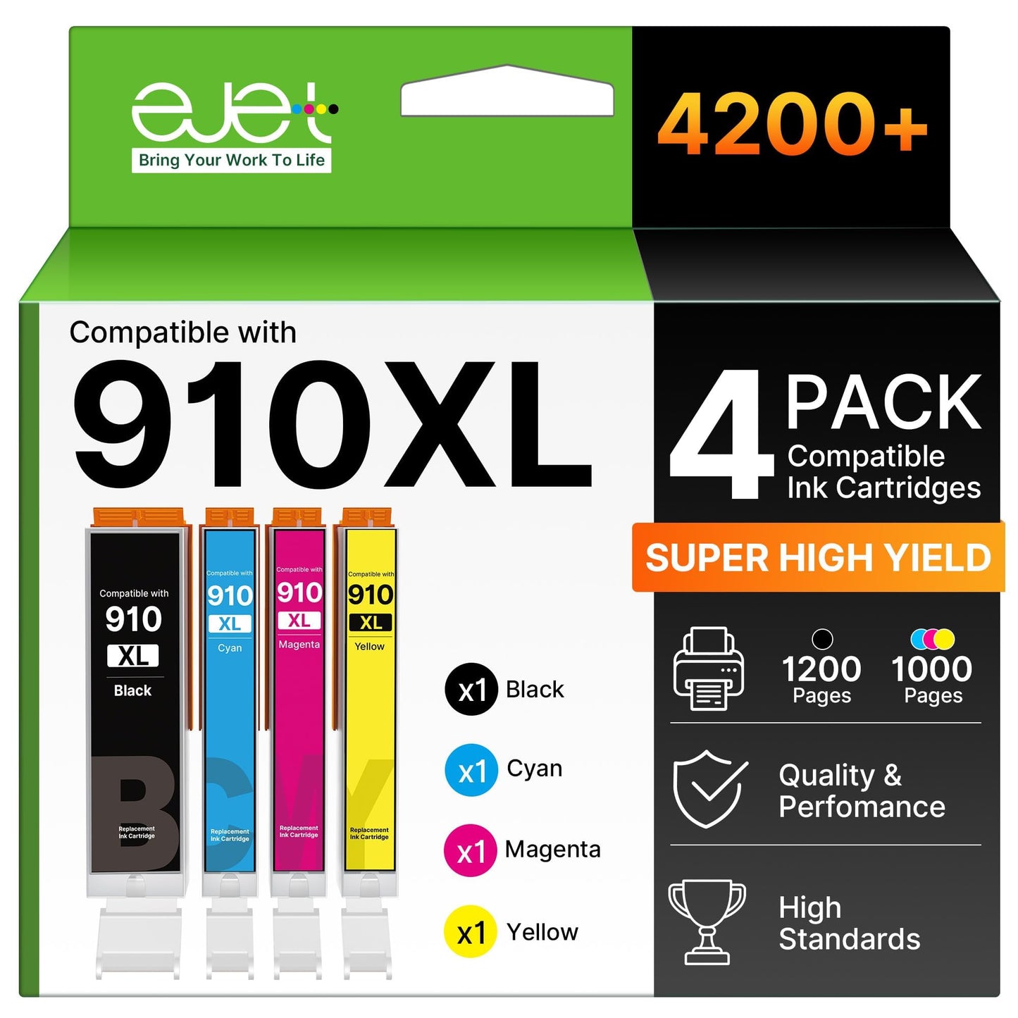 ejet 910XL Ink Replacement for HP 910XL Ink Cartridges Combo Pack with HP 910 Ink HP910XL HP910 Work for OfficeJet Pro 8020 8025 8028 8035 OfficeJet 8010 8015 8018 8022 Printers, Black and Color