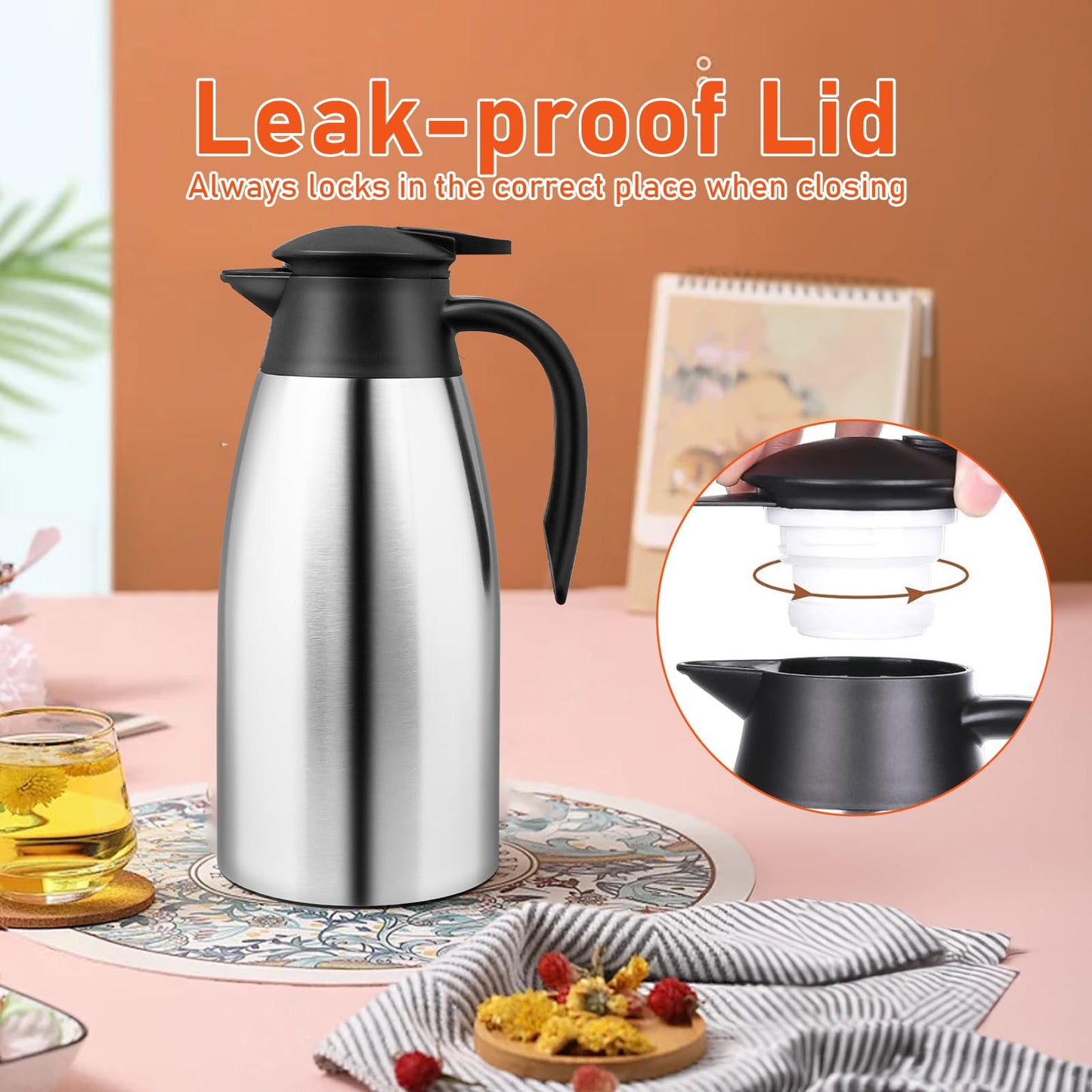 2 Pcs 68 oz Thermal Coffee Carafe Insulated Stainless Steel Coffee Carafe for Hot Liquids Vacuum Thermal Pot Creamer Carafe Dispenser with Brushes Keeping Hot 12 Hours (Silver)