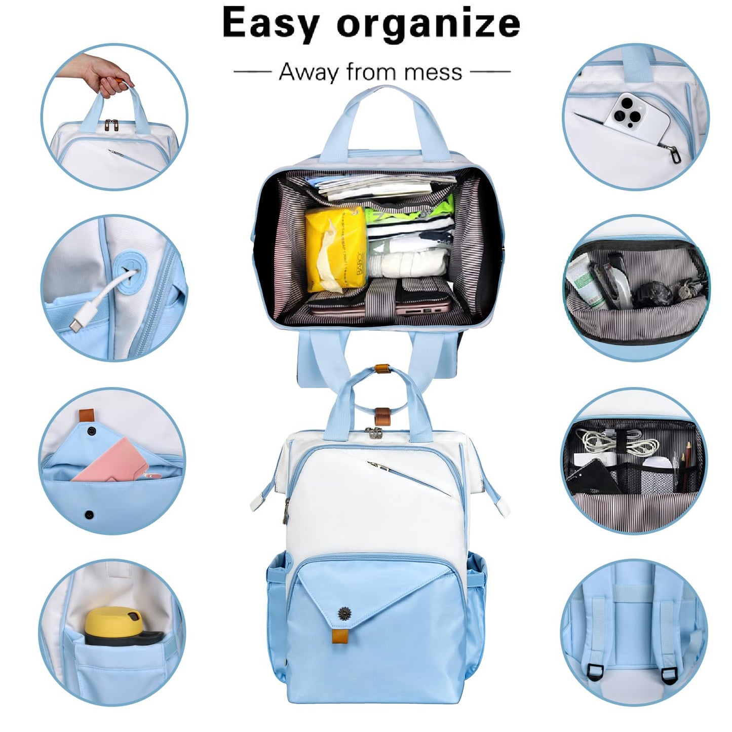 Hap Tim Travel Backpack Carry On Flight Approved, Laptop Backpack for School, Work Backpack Woman, White Blue（7651-WB）