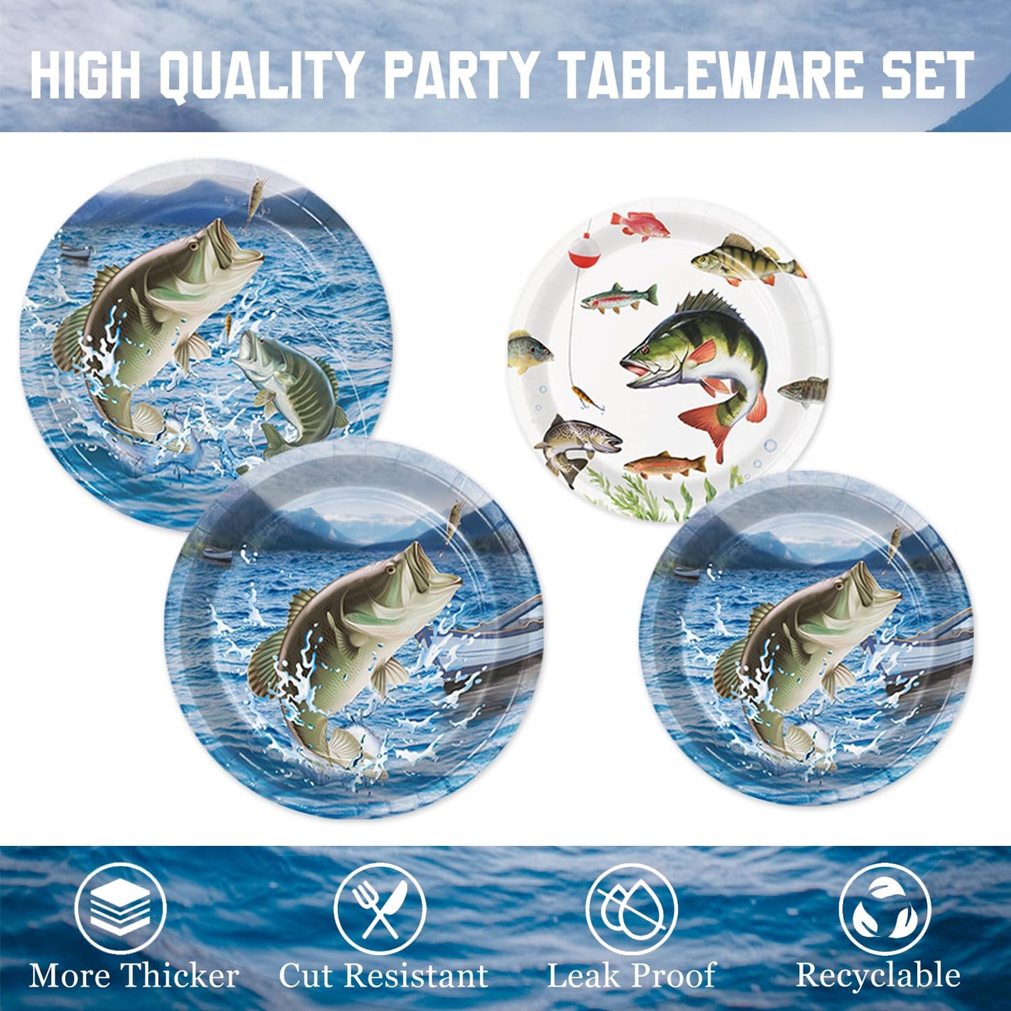 178PCS Fishing Birthday Party Decorations Includes Plates, Napkins, Cups, Cutlery, Tablecloth, Cake & Cupcake Toppers, Banner, Hanging Swirls, Balloons for Fishing Party Decorations, Serve 20
