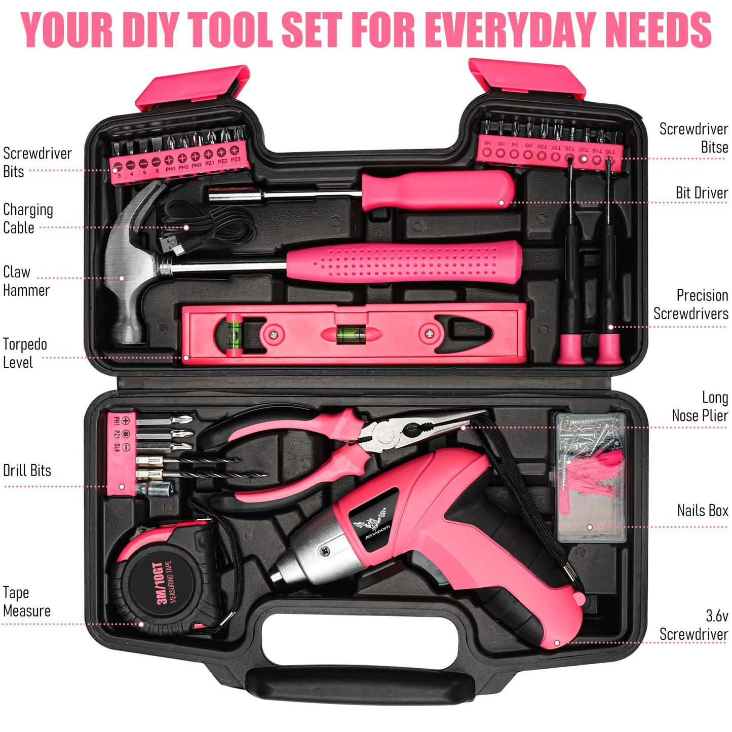 JENABOM Pink 112pcs Electric Screwdriver Tool Set, Home Tool Kit with 3.6V Small Power Cordless Screwdriver for Women